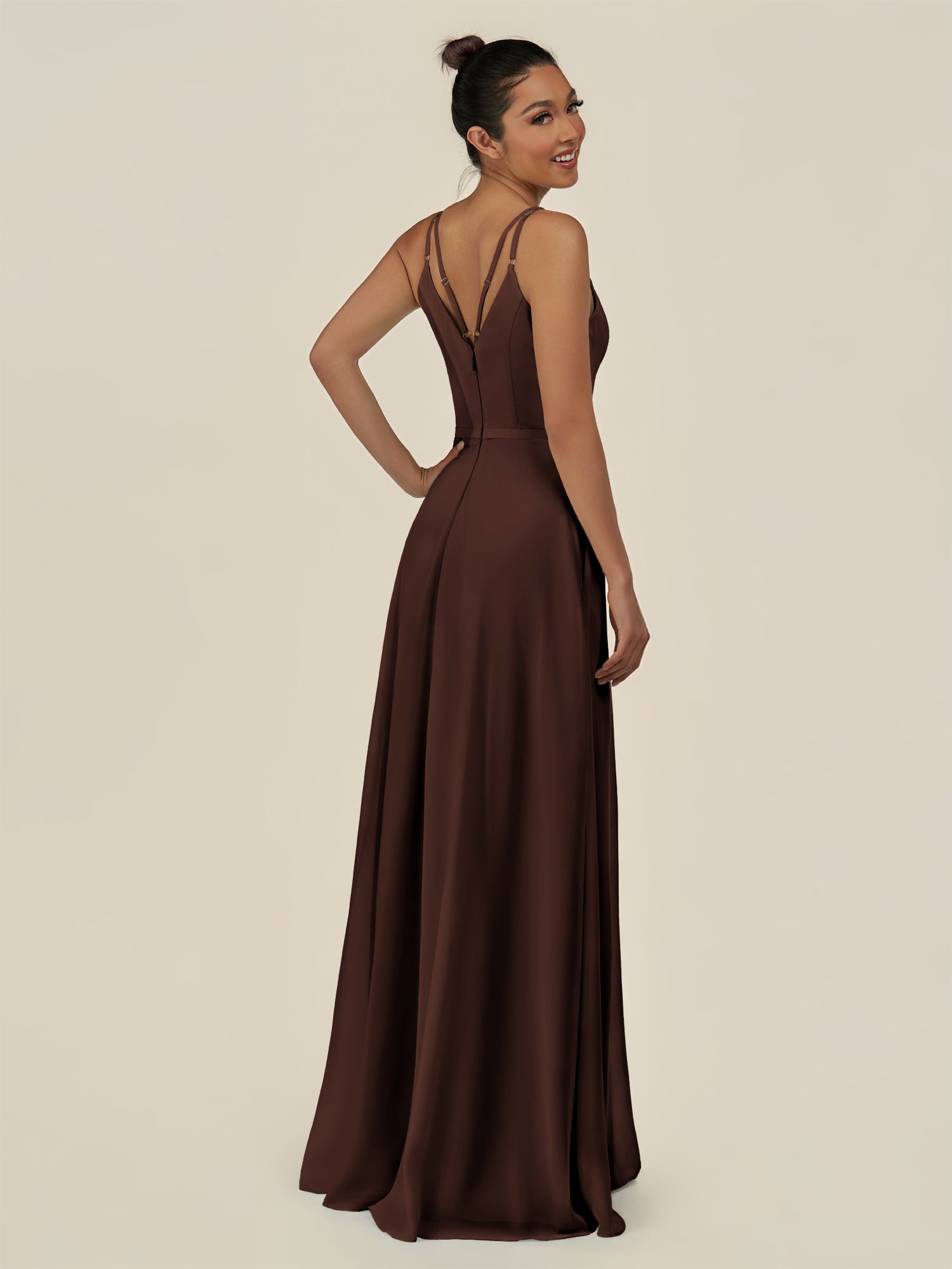 KissDress-Lurne Espresso A Line Chiffon V Neck Long Bridesmaid Dress with Cinched Waistline
