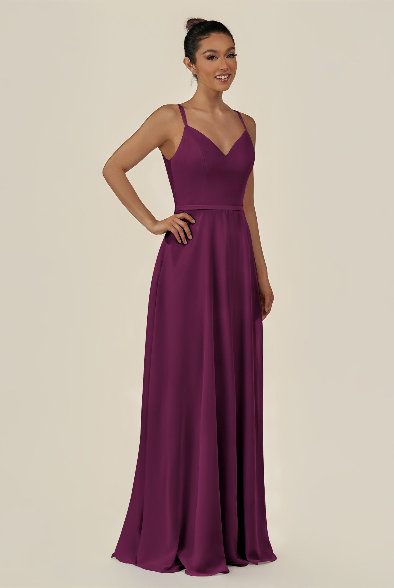 KissDress-Lurne Fig A Line Chiffon V Neck Long Bridesmaid Dress with Cinched Waistline