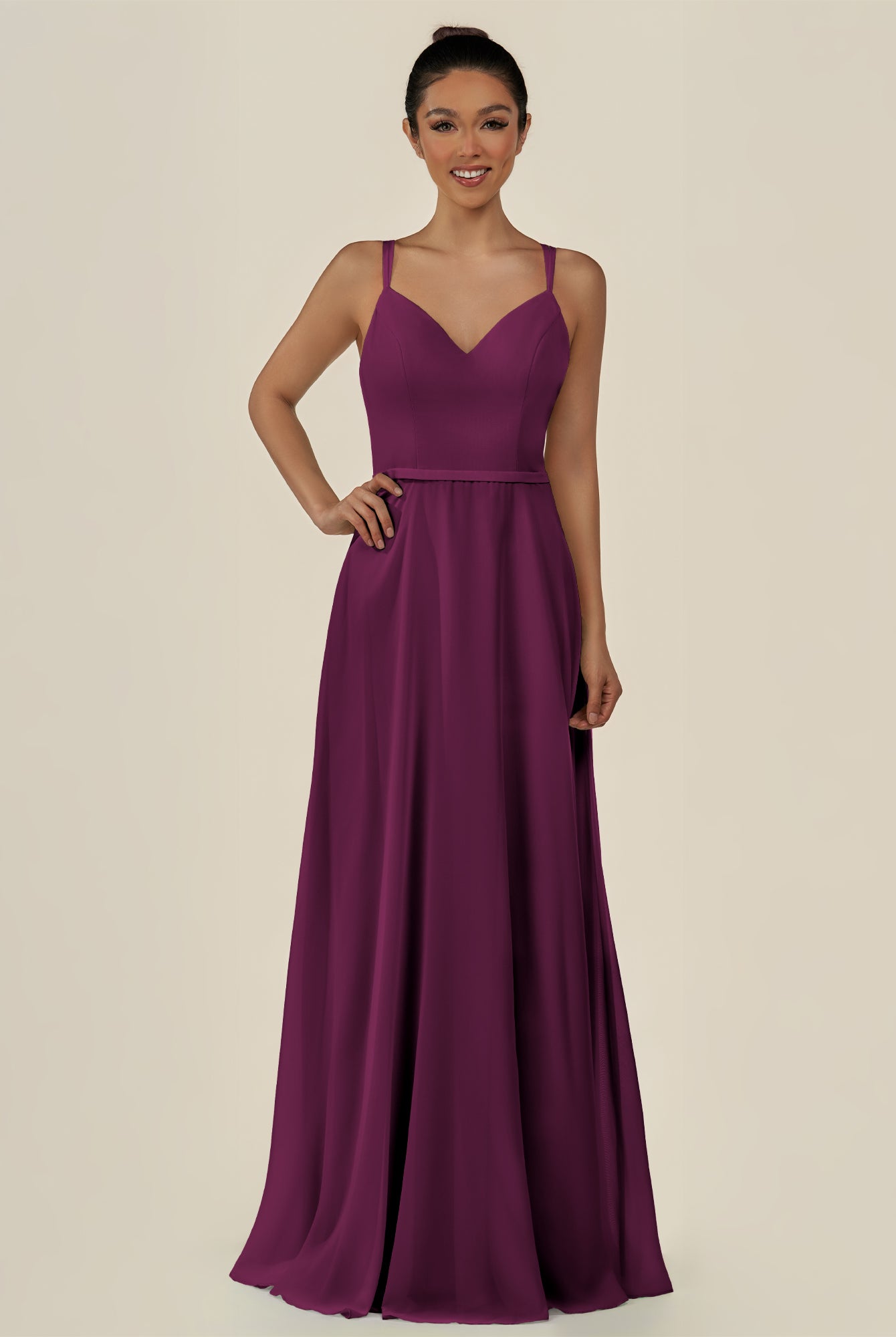 KissDress-Lurne Fig A Line Chiffon V Neck Long Bridesmaid Dress with Cinched Waistline