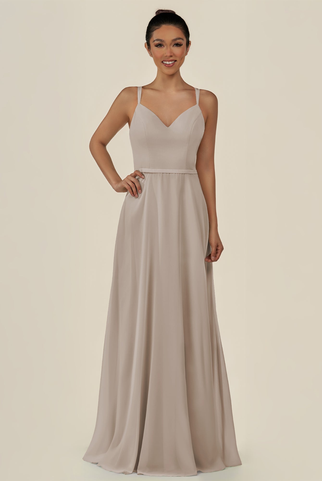 KissDress-Lurne Frost A Line Chiffon V Neck Long Bridesmaid Dress with Cinched Waistline