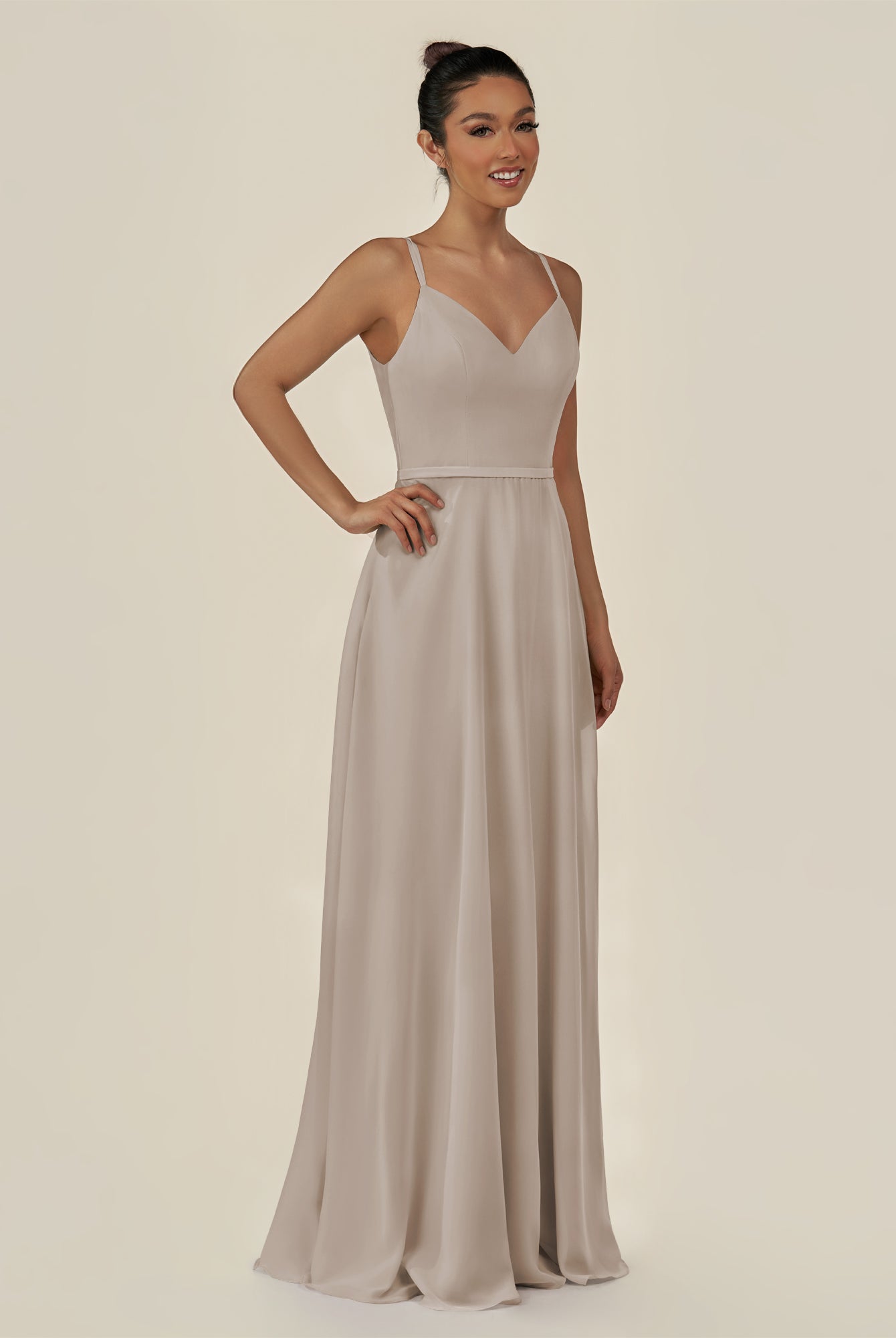 KissDress-Lurne Frost A Line Chiffon V Neck Long Bridesmaid Dress with Cinched Waistline