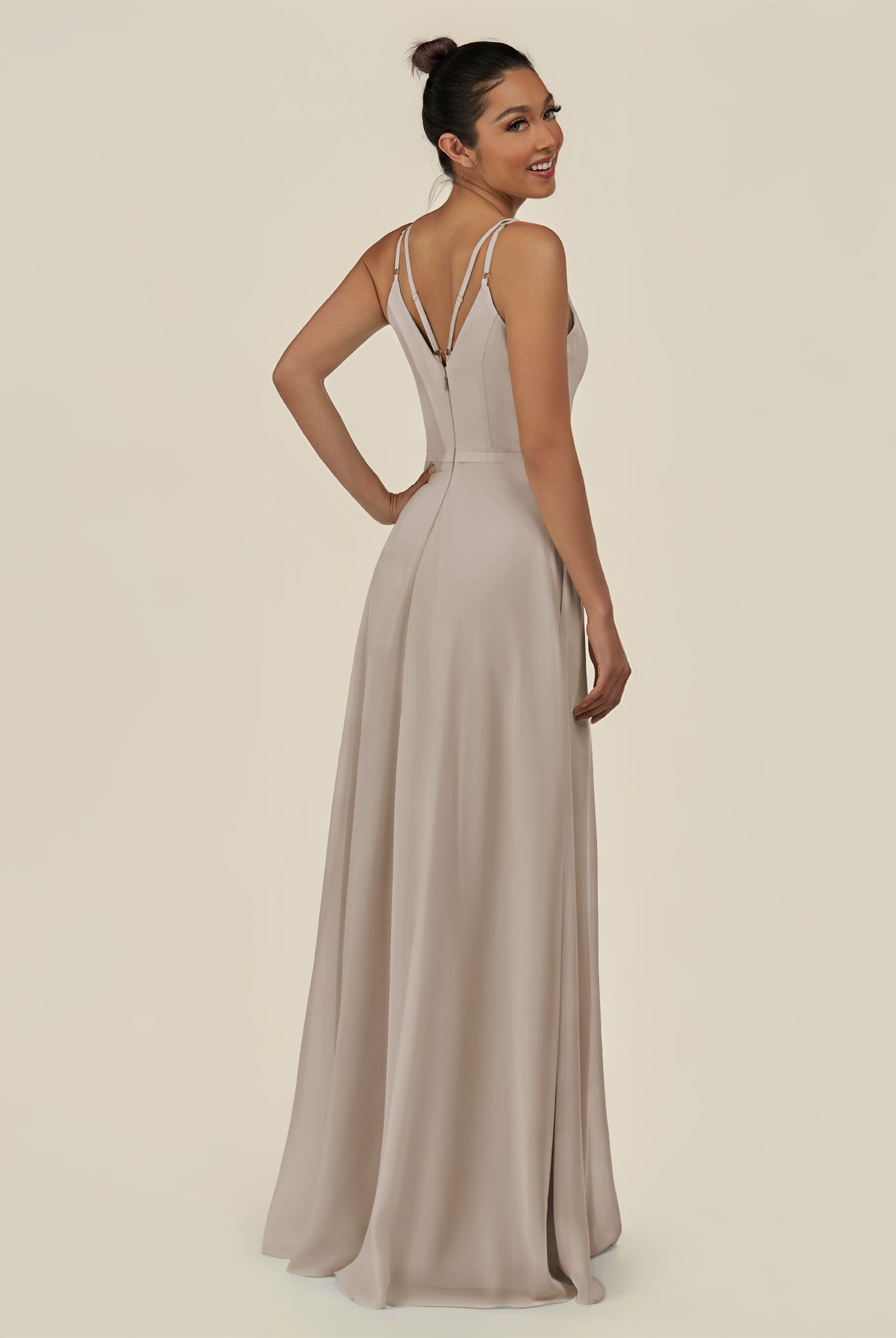 KissDress-Lurne Frost A Line Chiffon V Neck Long Bridesmaid Dress with Cinched Waistline