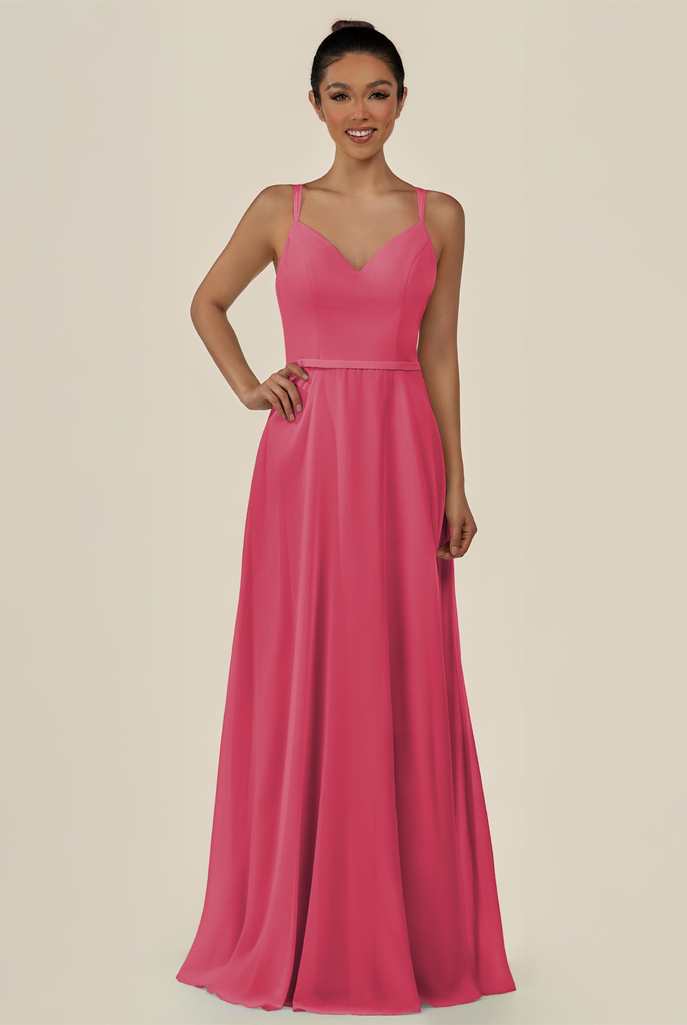 KissDress-Lurne Fuchsia A Line Chiffon V Neck Long Bridesmaid Dress with Cinched Waistline