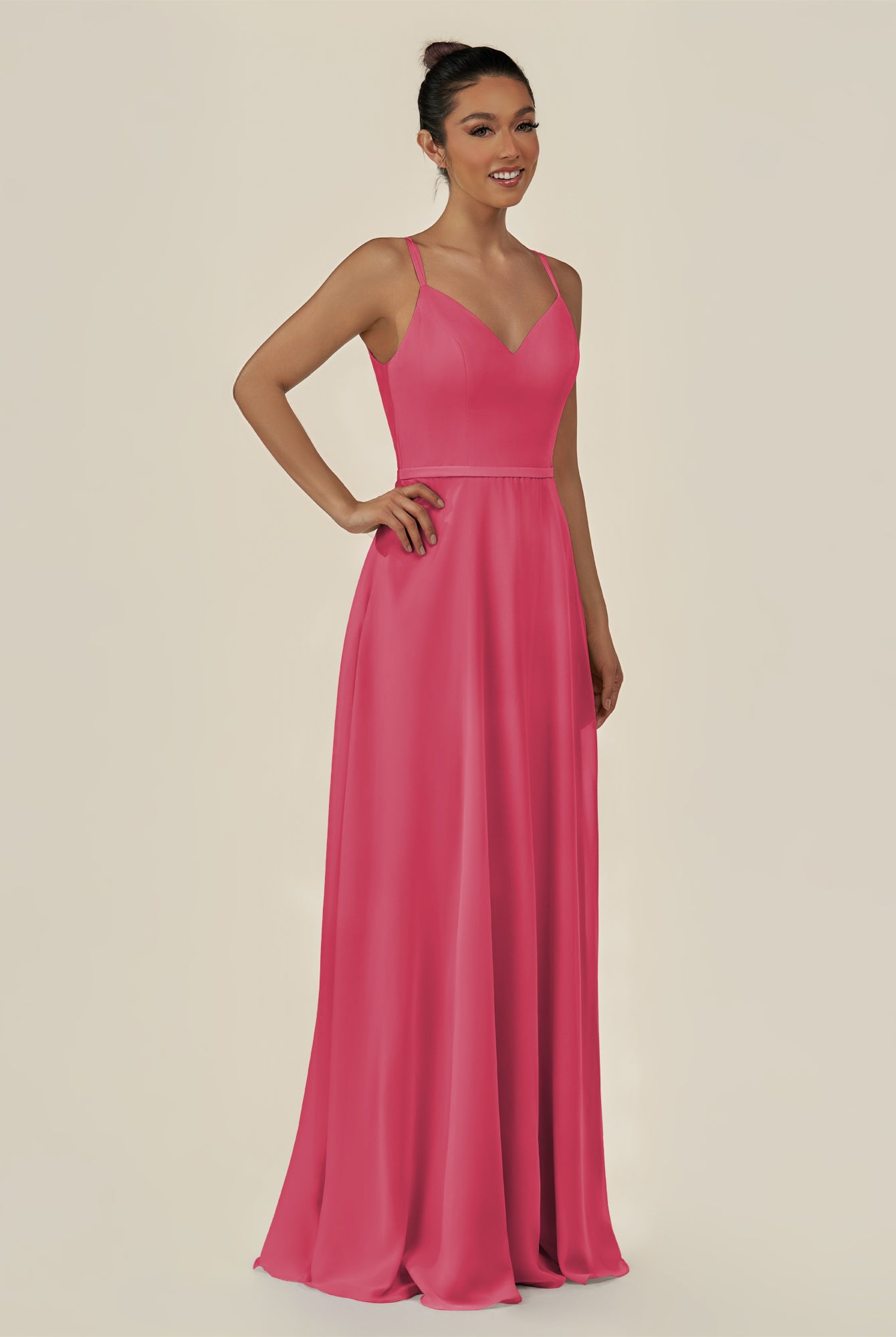 KissDress-Lurne Fuchsia A Line Chiffon V Neck Long Bridesmaid Dress with Cinched Waistline
