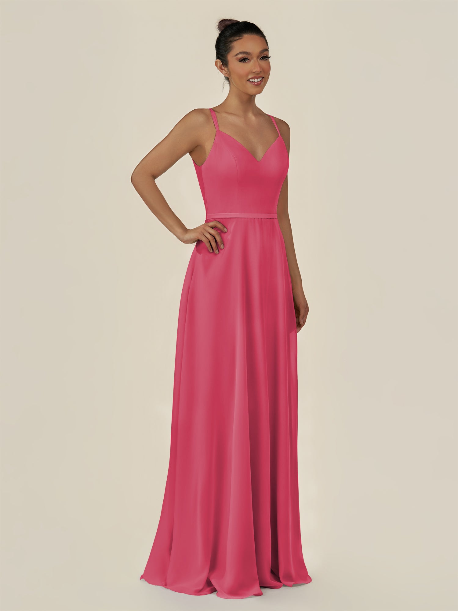 KissDress-Lurne Fuchsia A Line Chiffon V Neck Long Bridesmaid Dress with Cinched Waistline