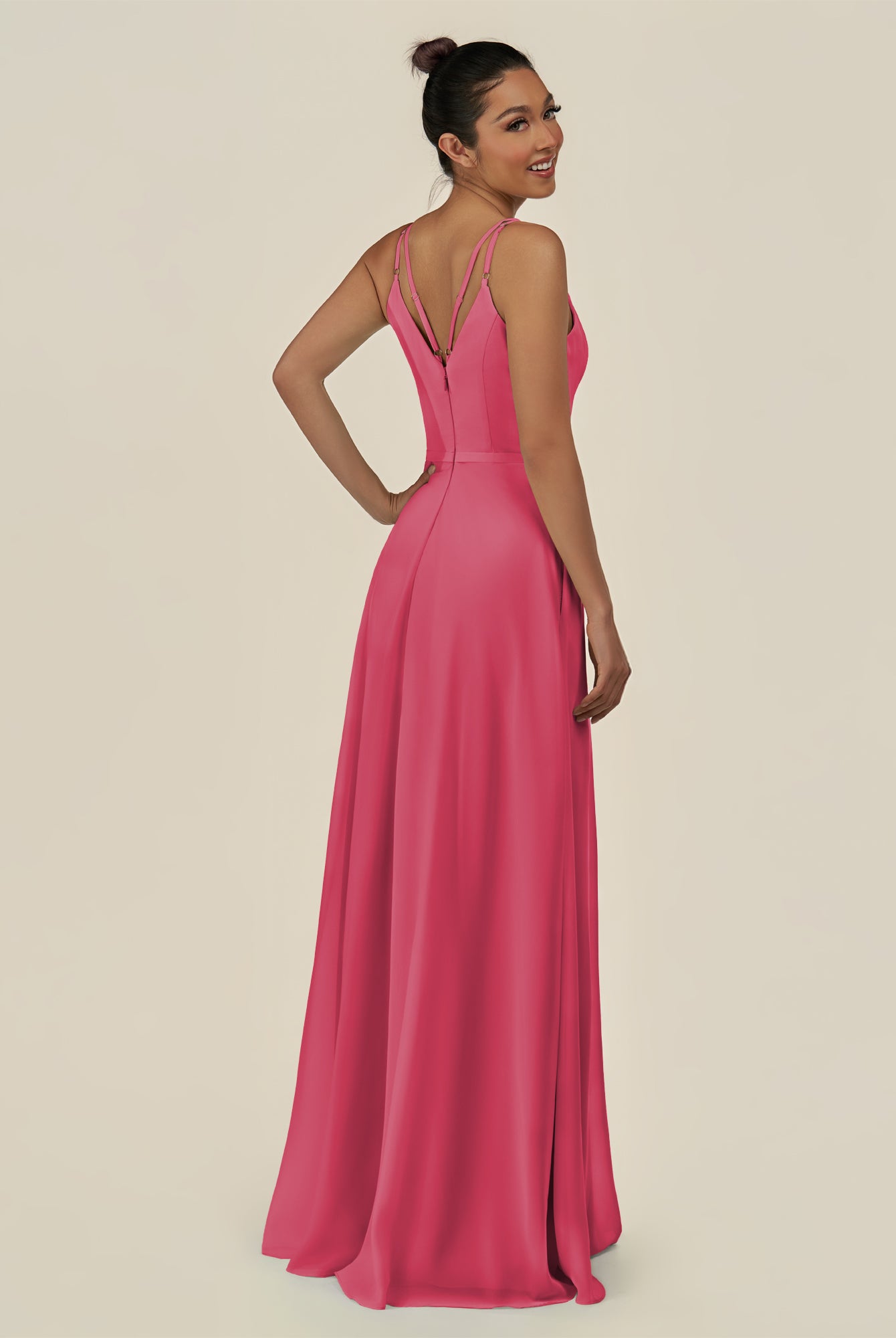 KissDress-Lurne Fuchsia A Line Chiffon V Neck Long Bridesmaid Dress with Cinched Waistline
