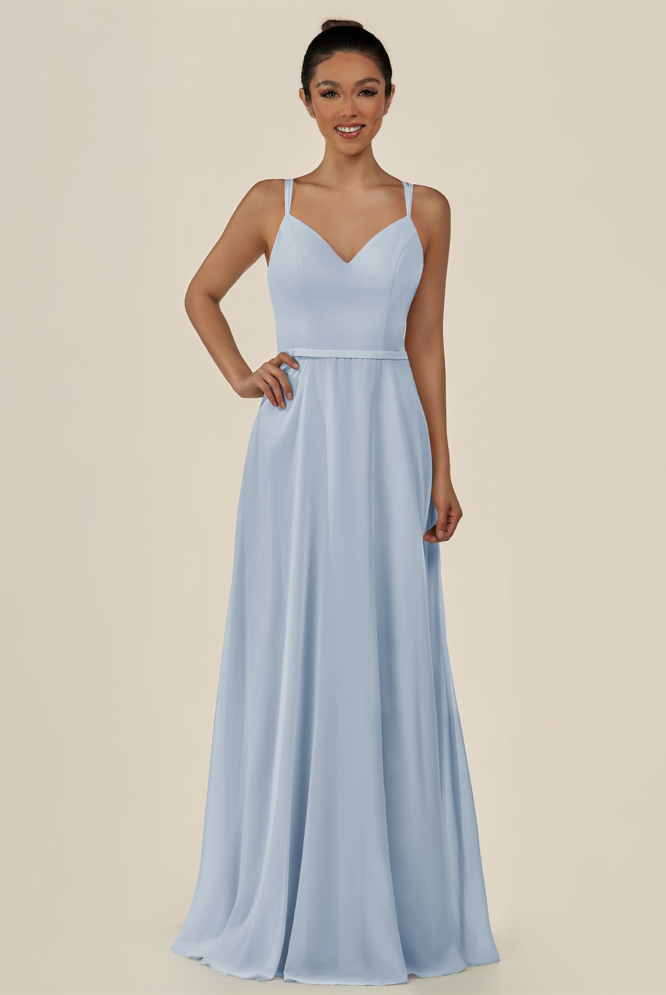 KissDress-Lurne Ice A Line Chiffon V Neck Long Bridesmaid Dress with Cinched Waistline