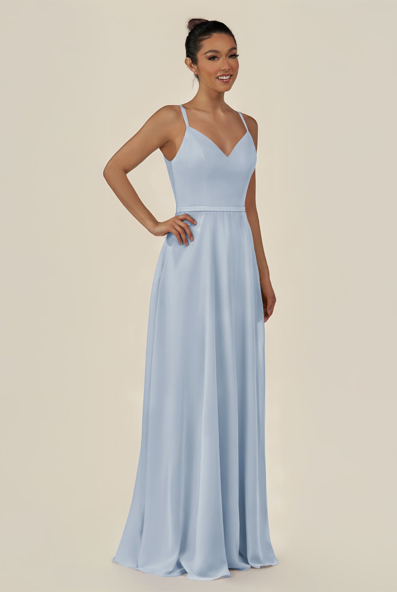 KissDress-Lurne Ice A Line Chiffon V Neck Long Bridesmaid Dress with Cinched Waistline