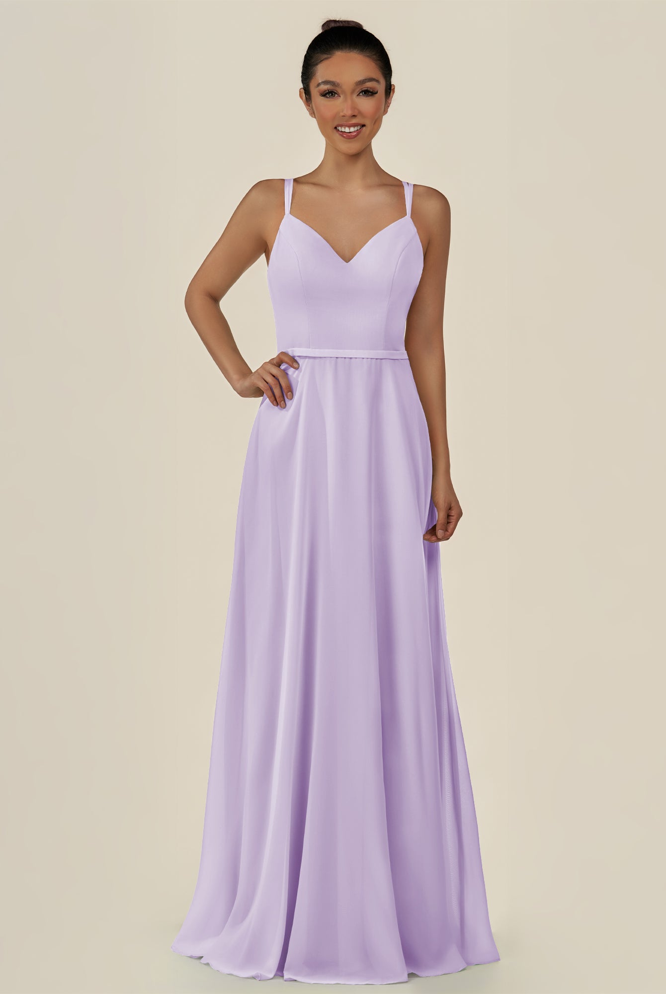 KissDress-Lurne Lavender A Line Chiffon V Neck Long Bridesmaid Dress with Cinched Waistline
