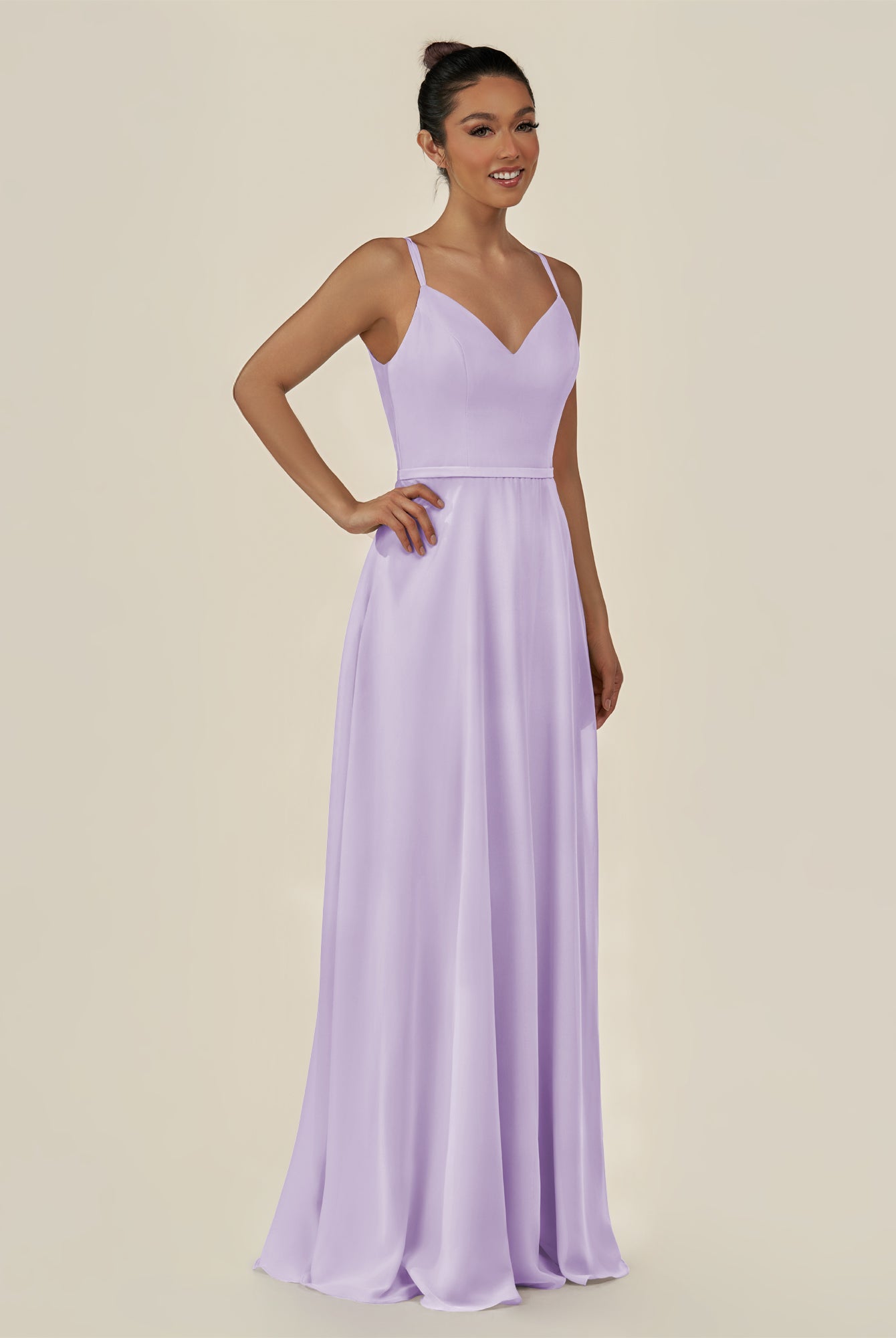 KissDress-Lurne Lavender A Line Chiffon V Neck Long Bridesmaid Dress with Cinched Waistline