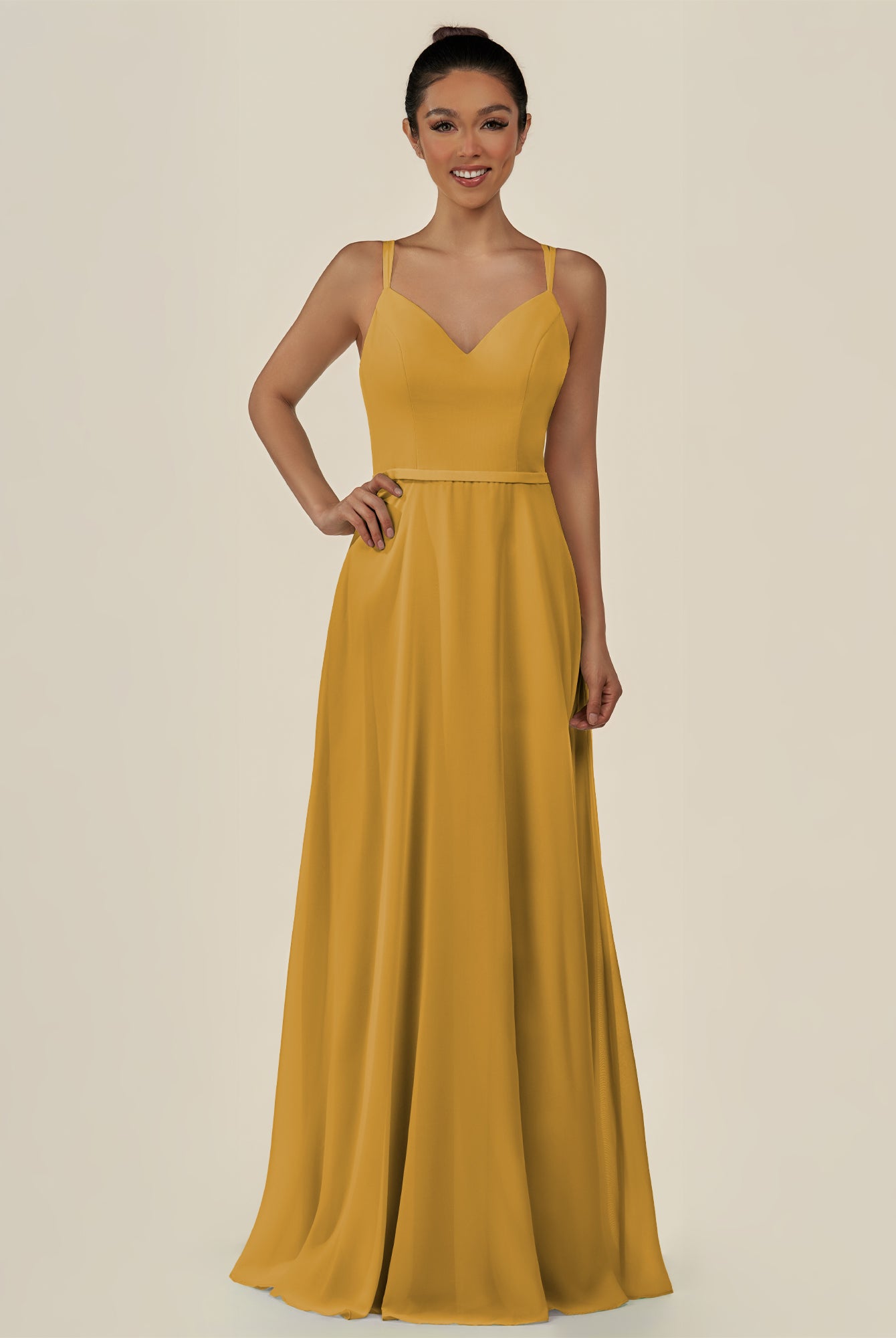 KissDress-Lurne Marigold A Line Chiffon V Neck Long Bridesmaid Dress with Cinched Waistline