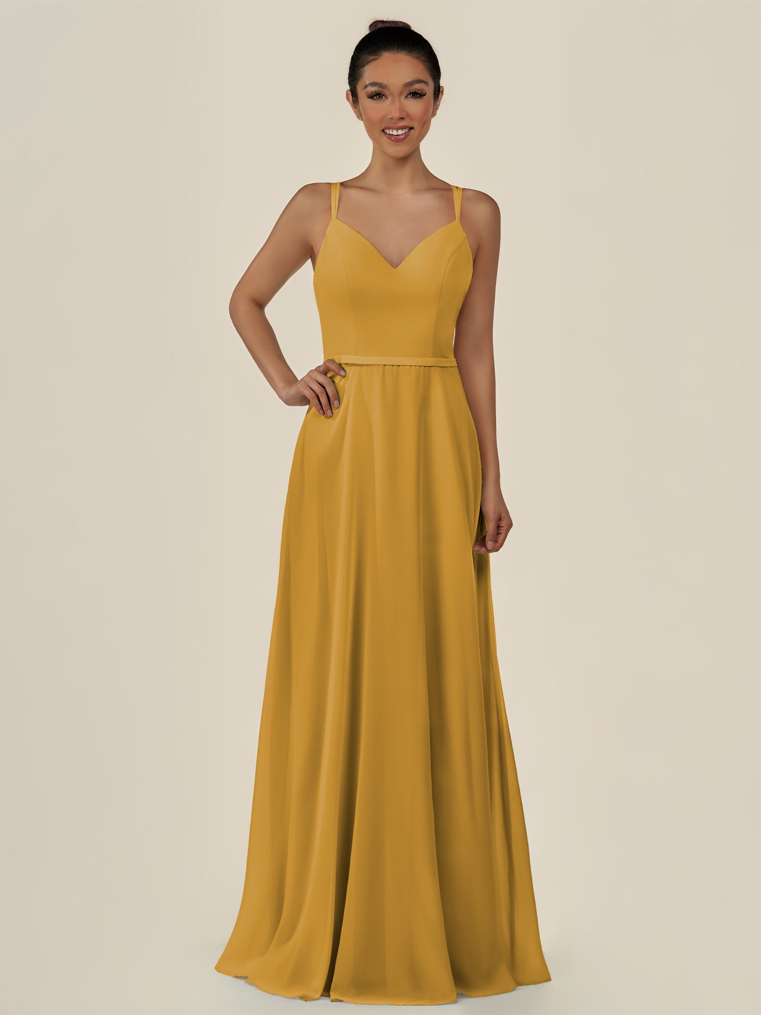 KissDress-Lurne Marigold A Line Chiffon V Neck Long Bridesmaid Dress with Cinched Waistline