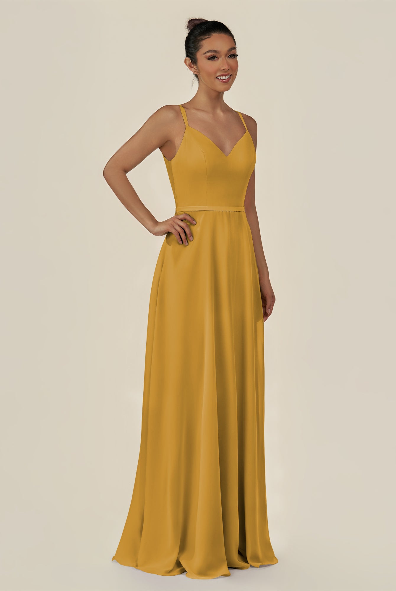 KissDress-Lurne Marigold A Line Chiffon V Neck Long Bridesmaid Dress with Cinched Waistline