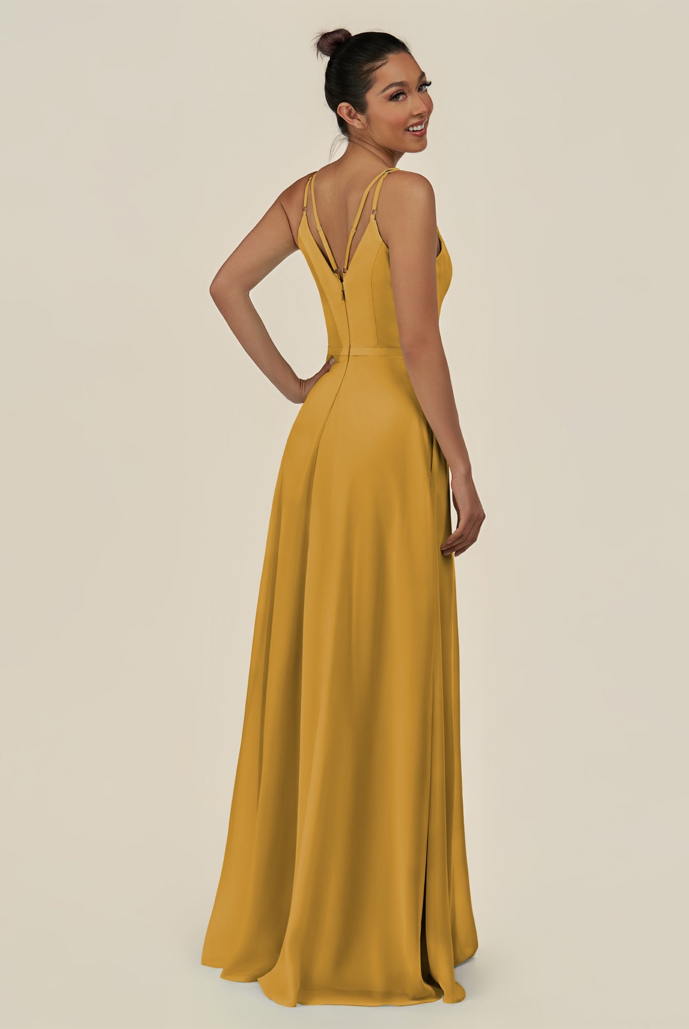 KissDress-Lurne Marigold A Line Chiffon V Neck Long Bridesmaid Dress with Cinched Waistline