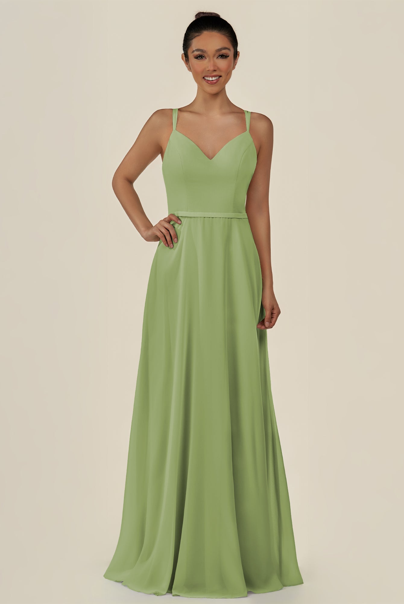 KissDress-Lurne Matcha A Line Chiffon V Neck Long Bridesmaid Dress with Cinched Waistline