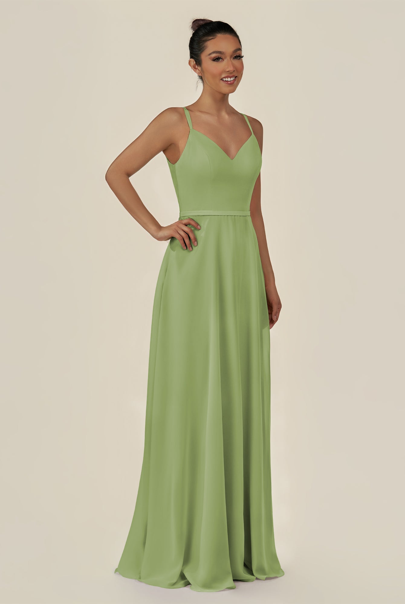 KissDress-Lurne Matcha A Line Chiffon V Neck Long Bridesmaid Dress with Cinched Waistline