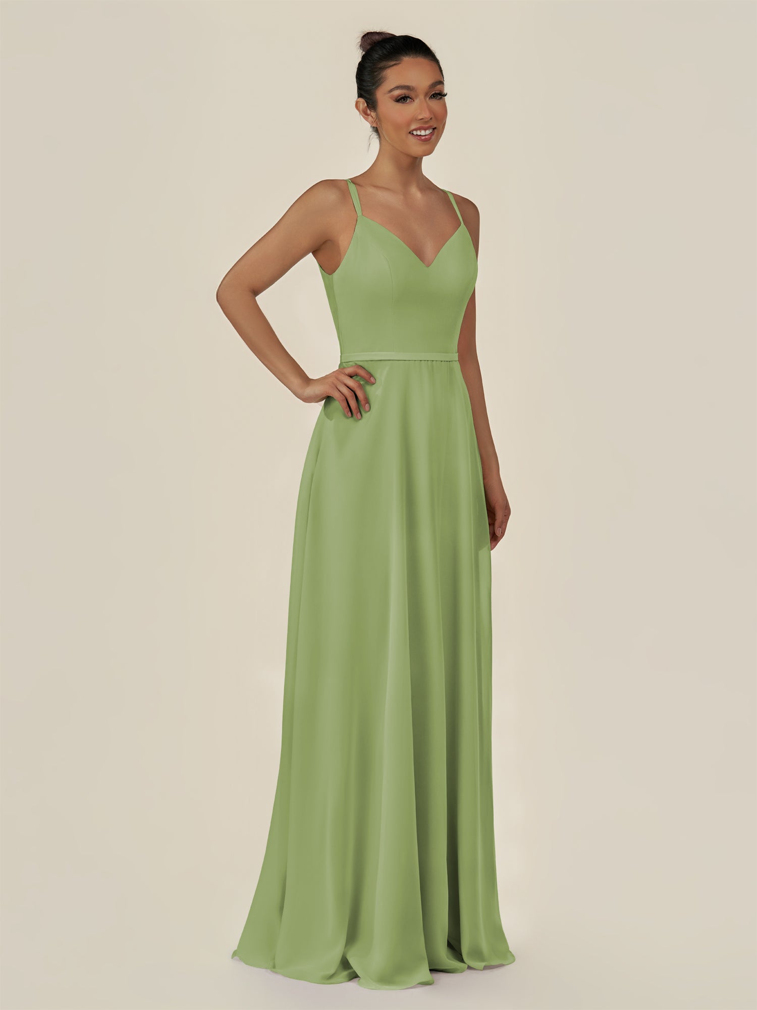 KissDress-Lurne Matcha A Line Chiffon V Neck Long Bridesmaid Dress with Cinched Waistline