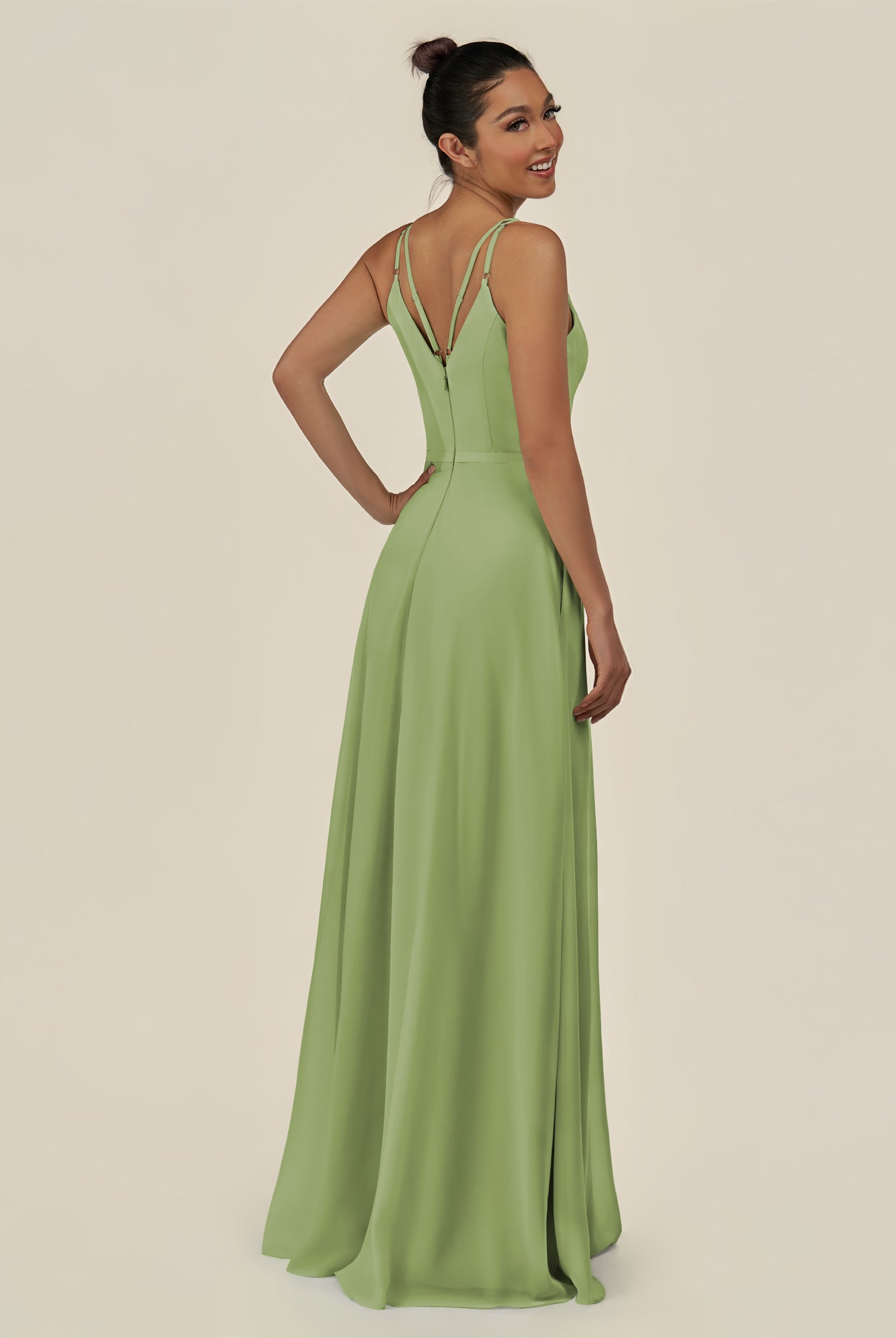 KissDress-Lurne Matcha A Line Chiffon V Neck Long Bridesmaid Dress with Cinched Waistline