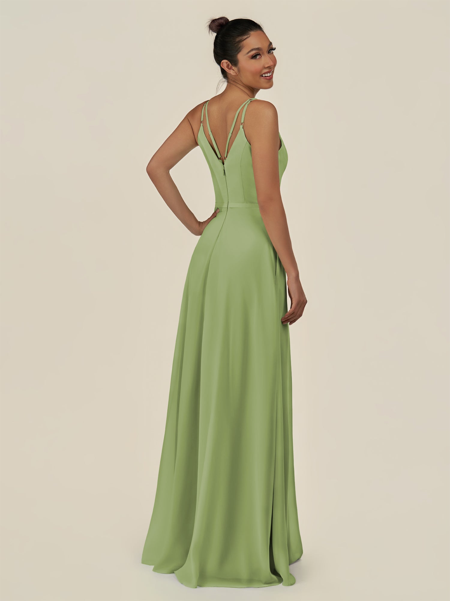 KissDress-Lurne Matcha A Line Chiffon V Neck Long Bridesmaid Dress with Cinched Waistline
