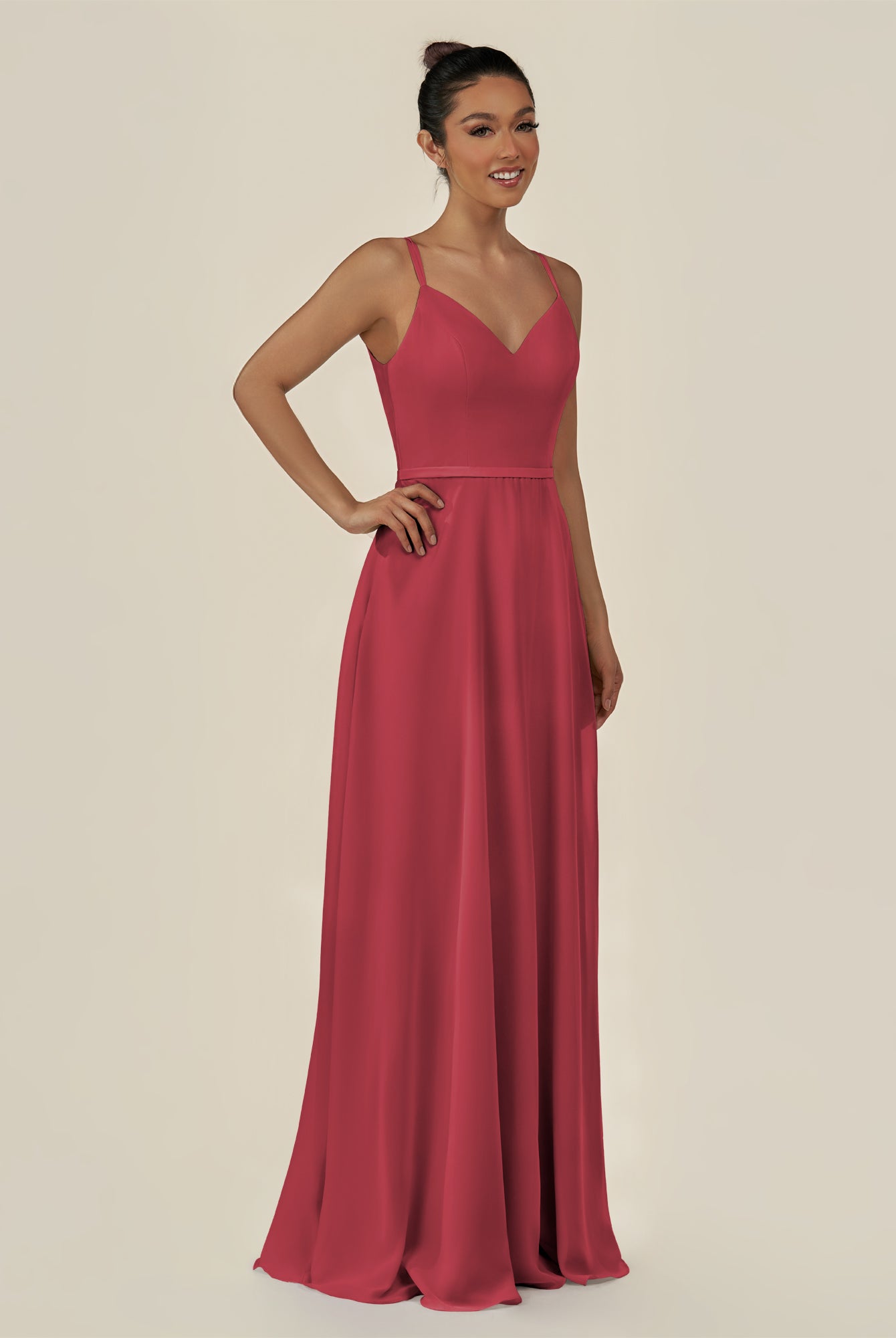 KissDress-Lurne Merlot A Line Chiffon V Neck Long Bridesmaid Dress with Cinched Waistline
