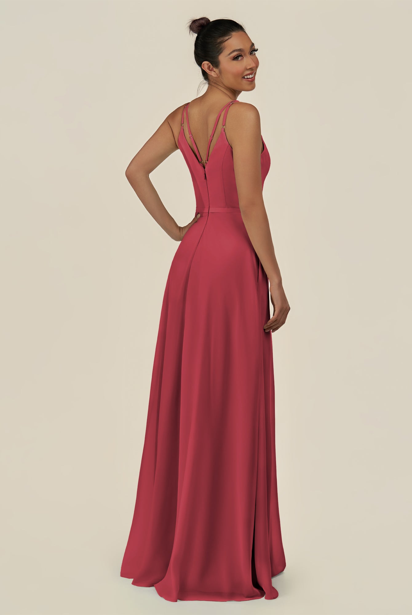 KissDress-Lurne Merlot A Line Chiffon V Neck Long Bridesmaid Dress with Cinched Waistline