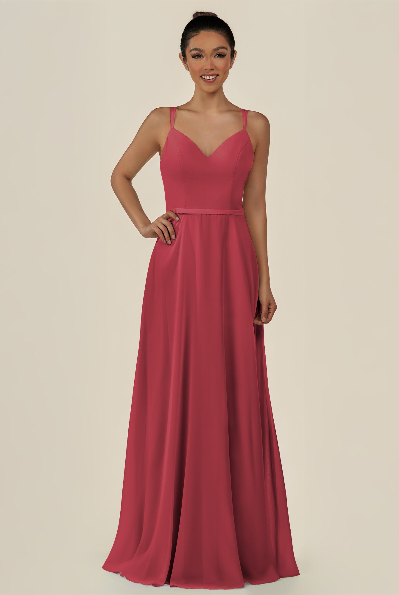 KissDress-Lurne Merlot A Line Chiffon V Neck Long Bridesmaid Dress with Cinched Waistline