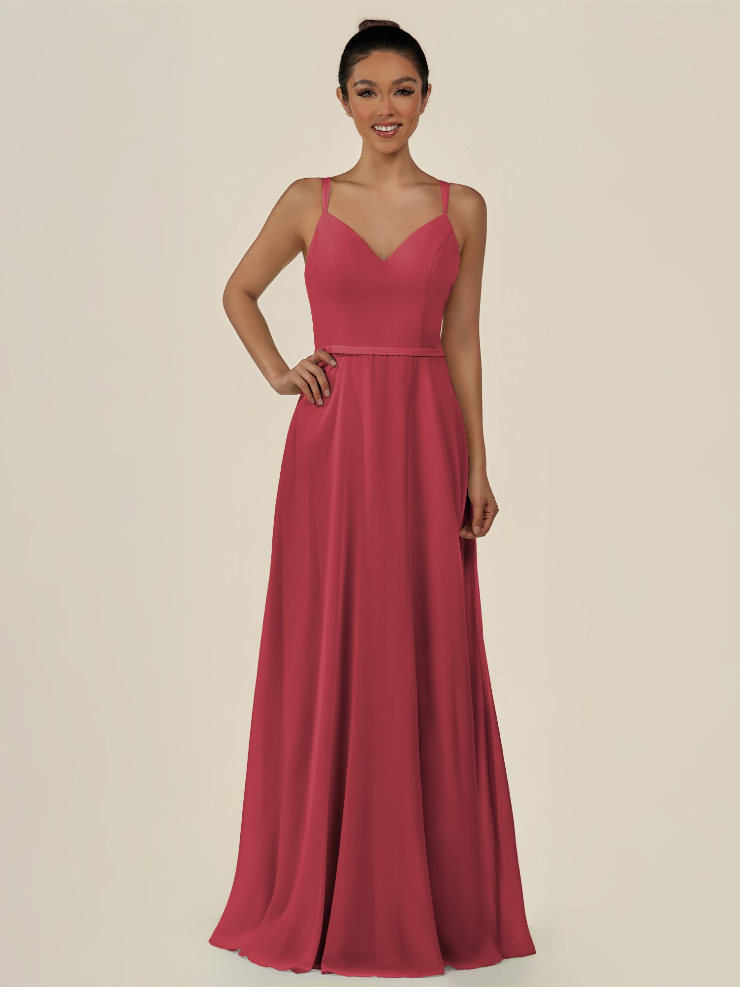 KissDress-Lurne Merlot A Line Chiffon V Neck Long Bridesmaid Dress with Cinched Waistline