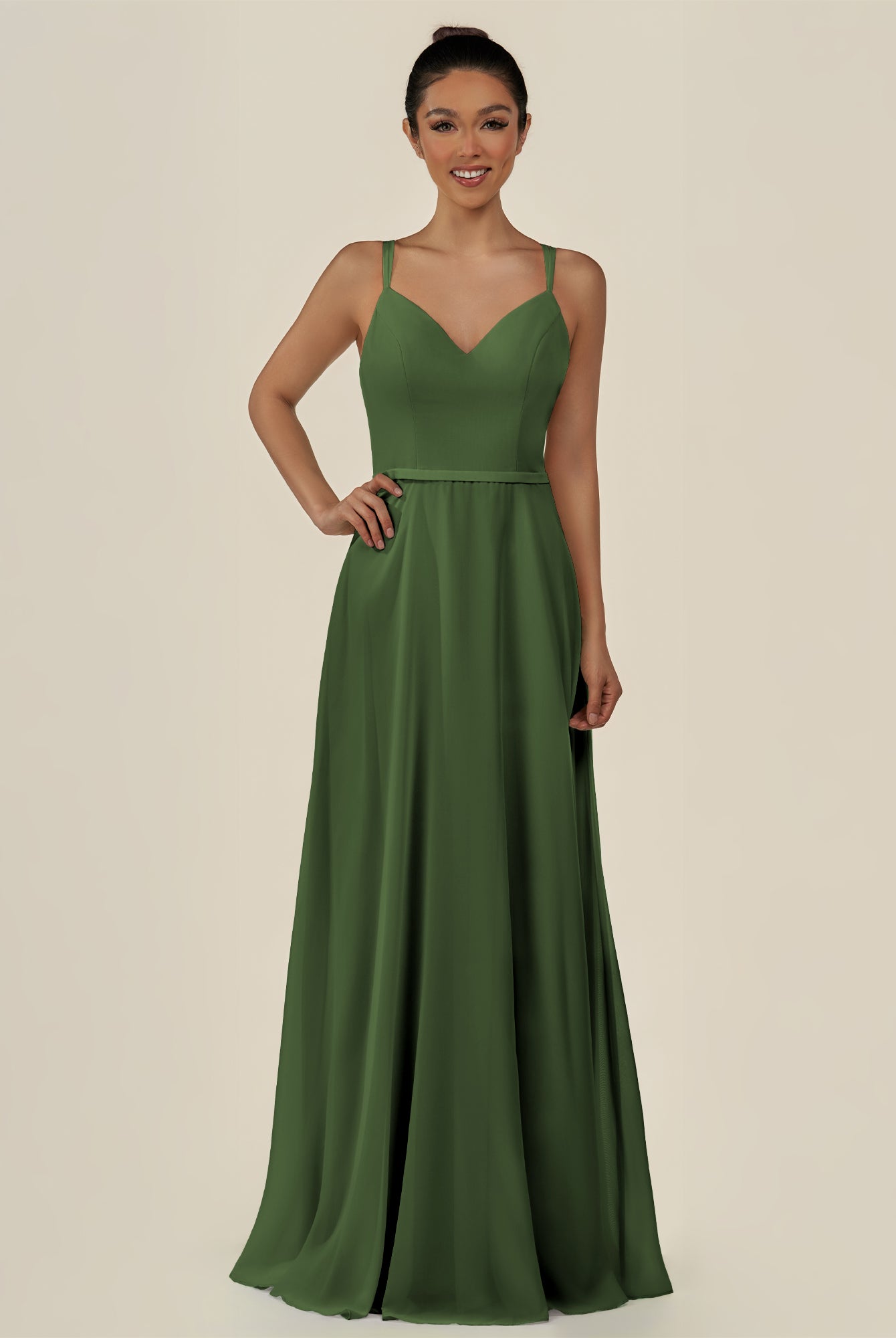 KissDress-Lurne Moss A Line Chiffon V Neck Long Bridesmaid Dress with Cinched Waistline