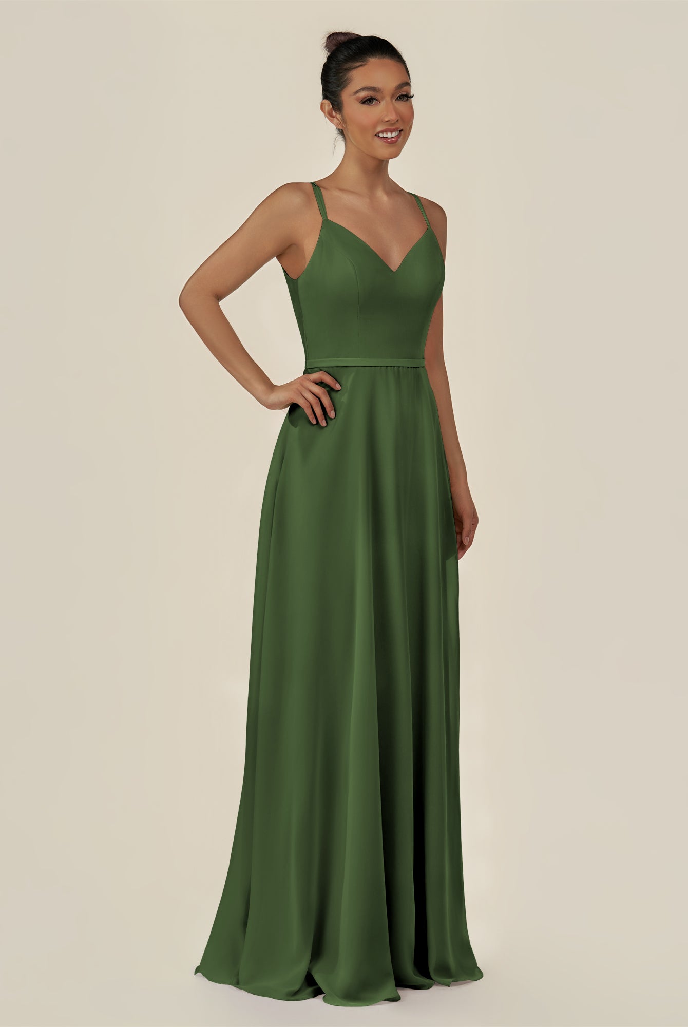 KissDress-Lurne Moss A Line Chiffon V Neck Long Bridesmaid Dress with Cinched Waistline