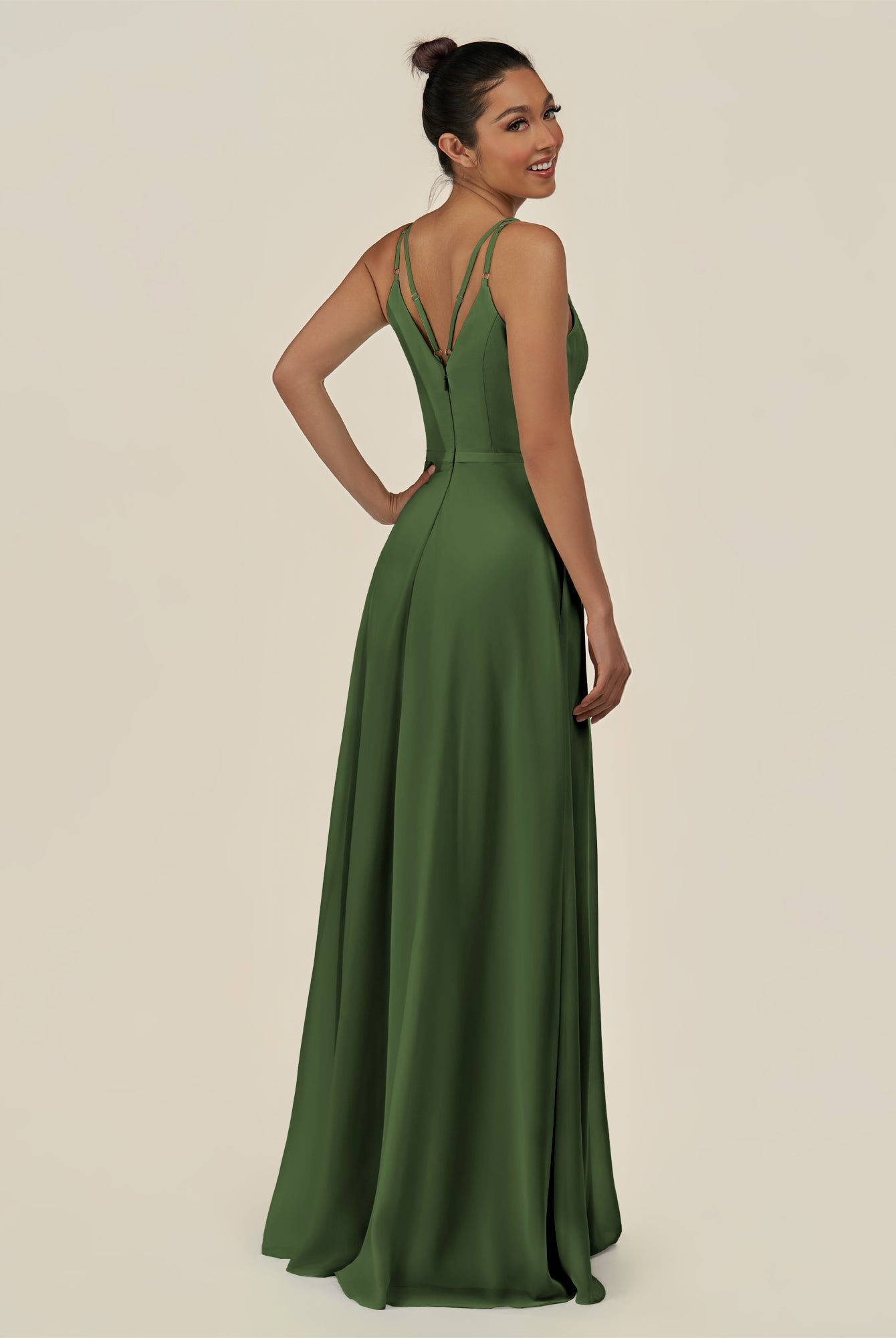 KissDress-Lurne Moss A Line Chiffon V Neck Long Bridesmaid Dress with Cinched Waistline