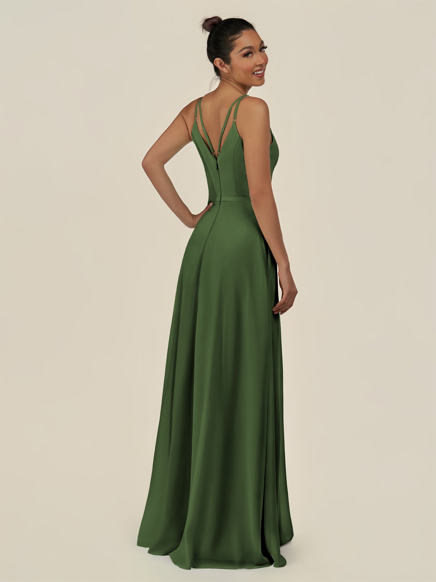 KissDress-Lurne Moss A Line Chiffon V Neck Long Bridesmaid Dress with Cinched Waistline