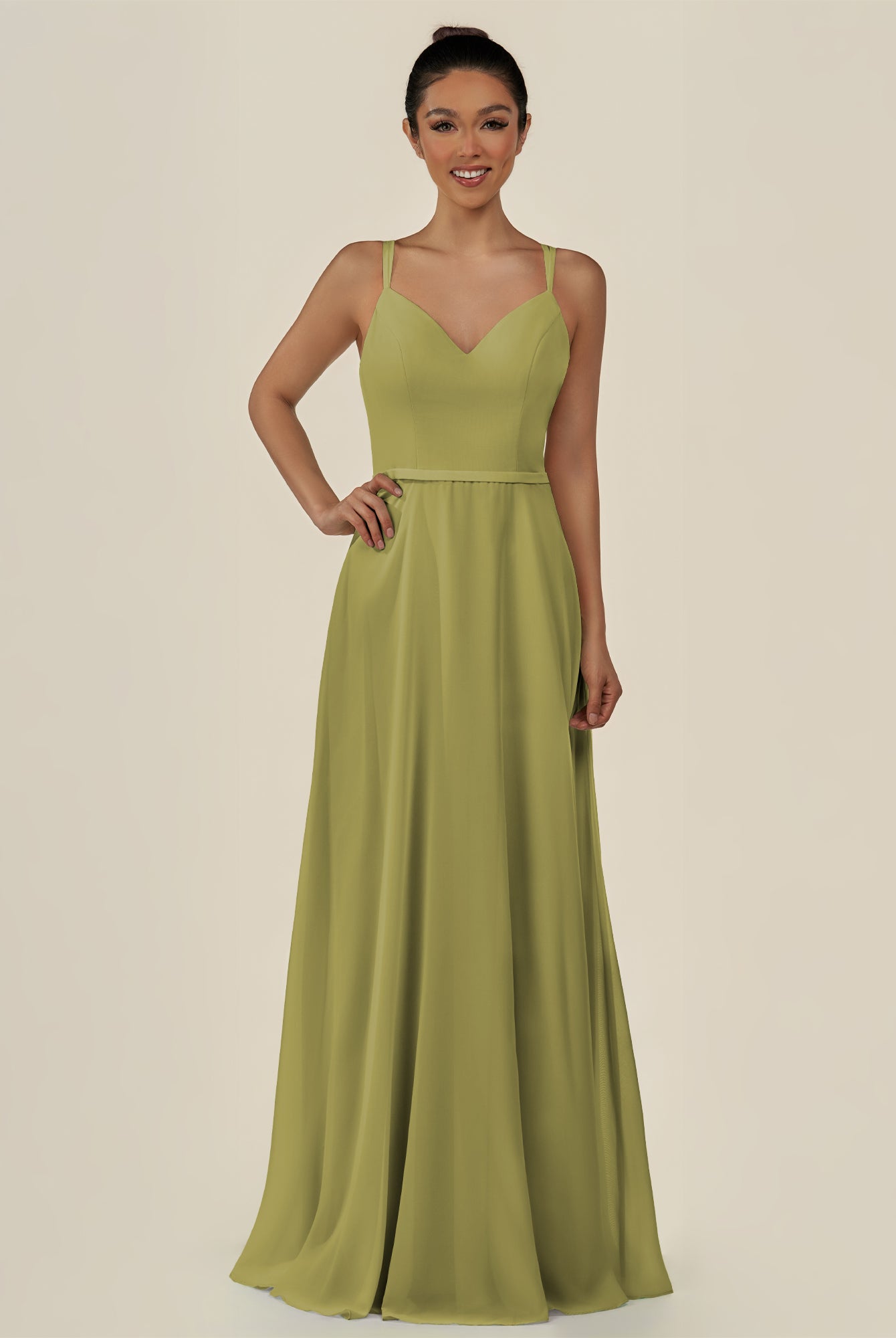 KissDress-Lurne Moss Green A Line Chiffon V Neck Long Bridesmaid Dress with Cinched Waistline