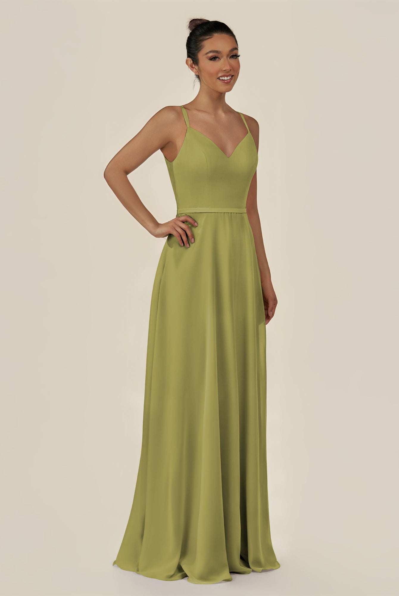 KissDress-Lurne Moss Green A Line Chiffon V Neck Long Bridesmaid Dress with Cinched Waistline