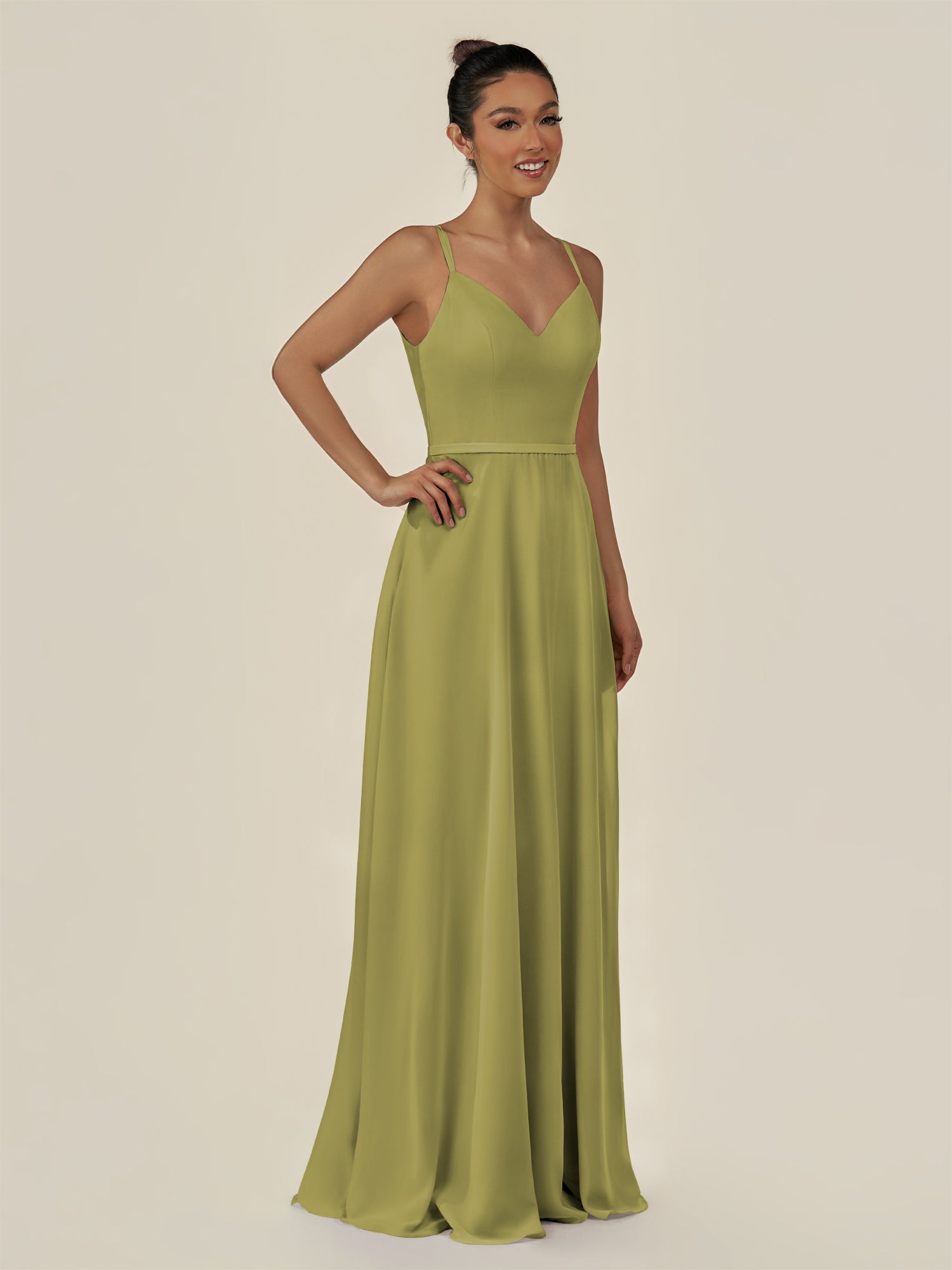 KissDress-Lurne Moss Green A Line Chiffon V Neck Long Bridesmaid Dress with Cinched Waistline