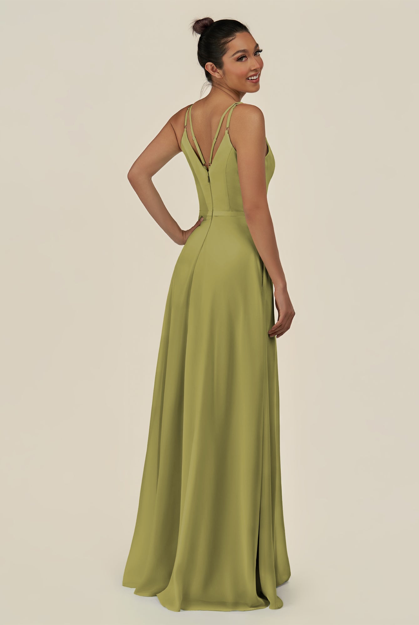 KissDress-Lurne Moss Green A Line Chiffon V Neck Long Bridesmaid Dress with Cinched Waistline