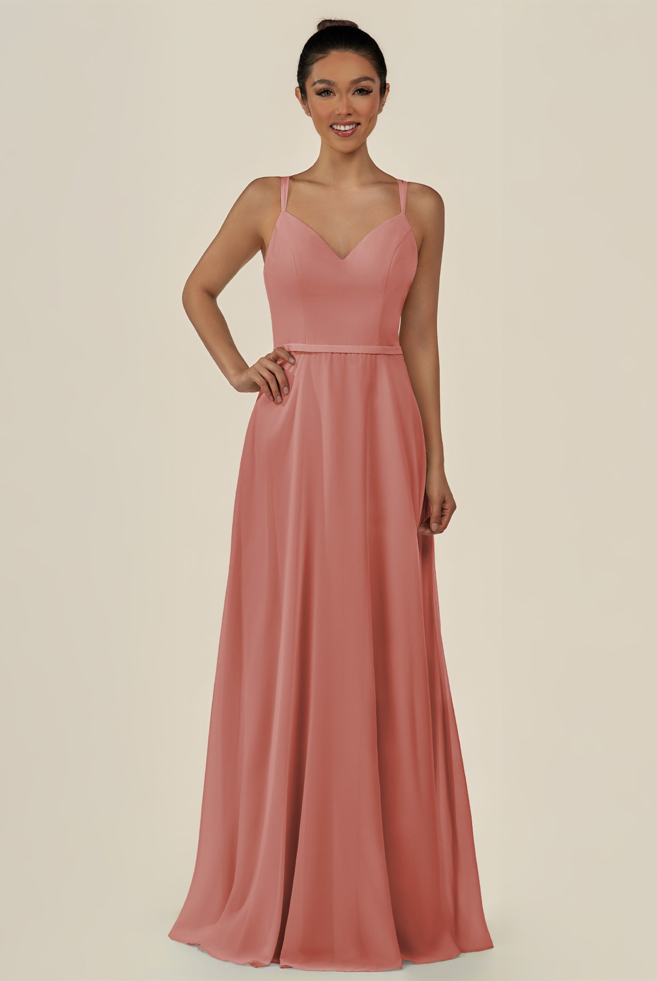 KissDress-Lurne Mulberry A Line Chiffon V Neck Long Bridesmaid Dress with Cinched Waistline
