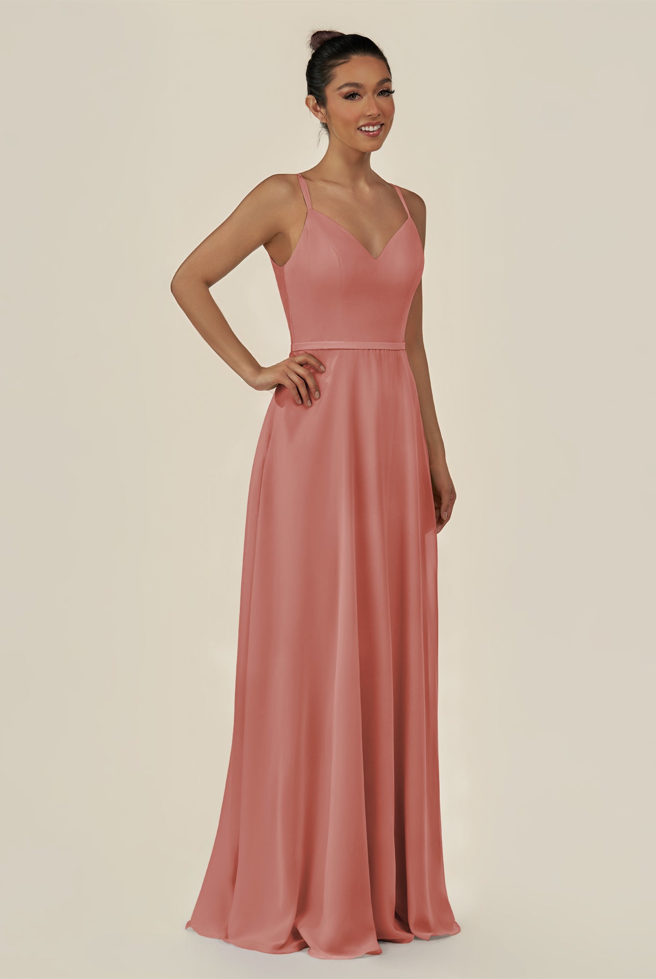 KissDress-Lurne Mulberry A Line Chiffon V Neck Long Bridesmaid Dress with Cinched Waistline