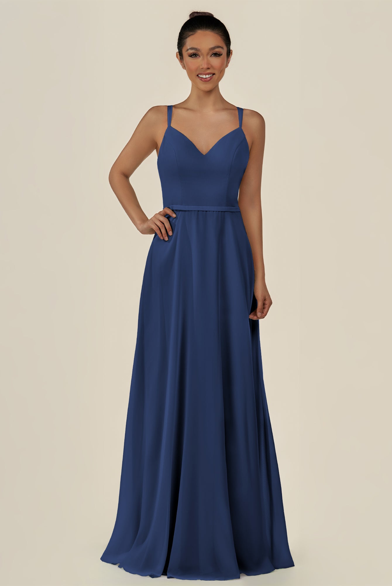 KissDress-Lurne Navy A Line Chiffon V Neck Long Bridesmaid Dress with Cinched Waistline