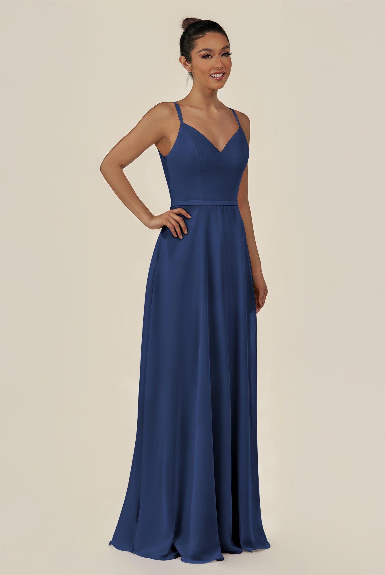 KissDress-Lurne Navy A Line Chiffon V Neck Long Bridesmaid Dress with Cinched Waistline