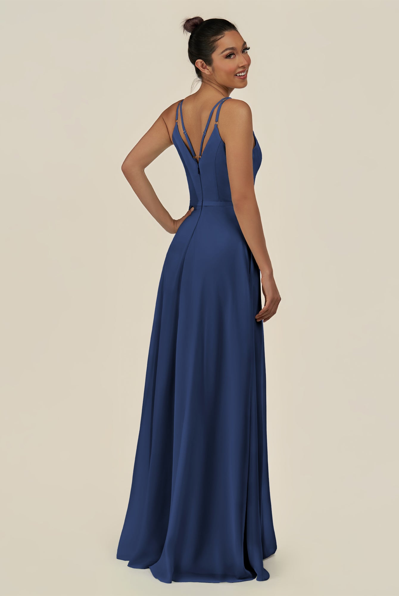 KissDress-Lurne Navy A Line Chiffon V Neck Long Bridesmaid Dress with Cinched Waistline