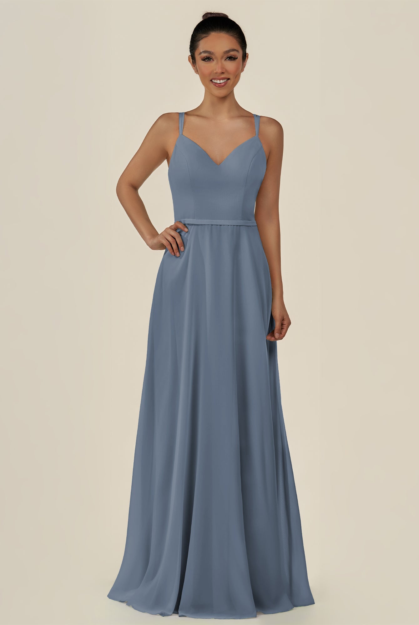 KissDress-Lurne Neptune A Line Chiffon V Neck Long Bridesmaid Dress with Cinched Waistline