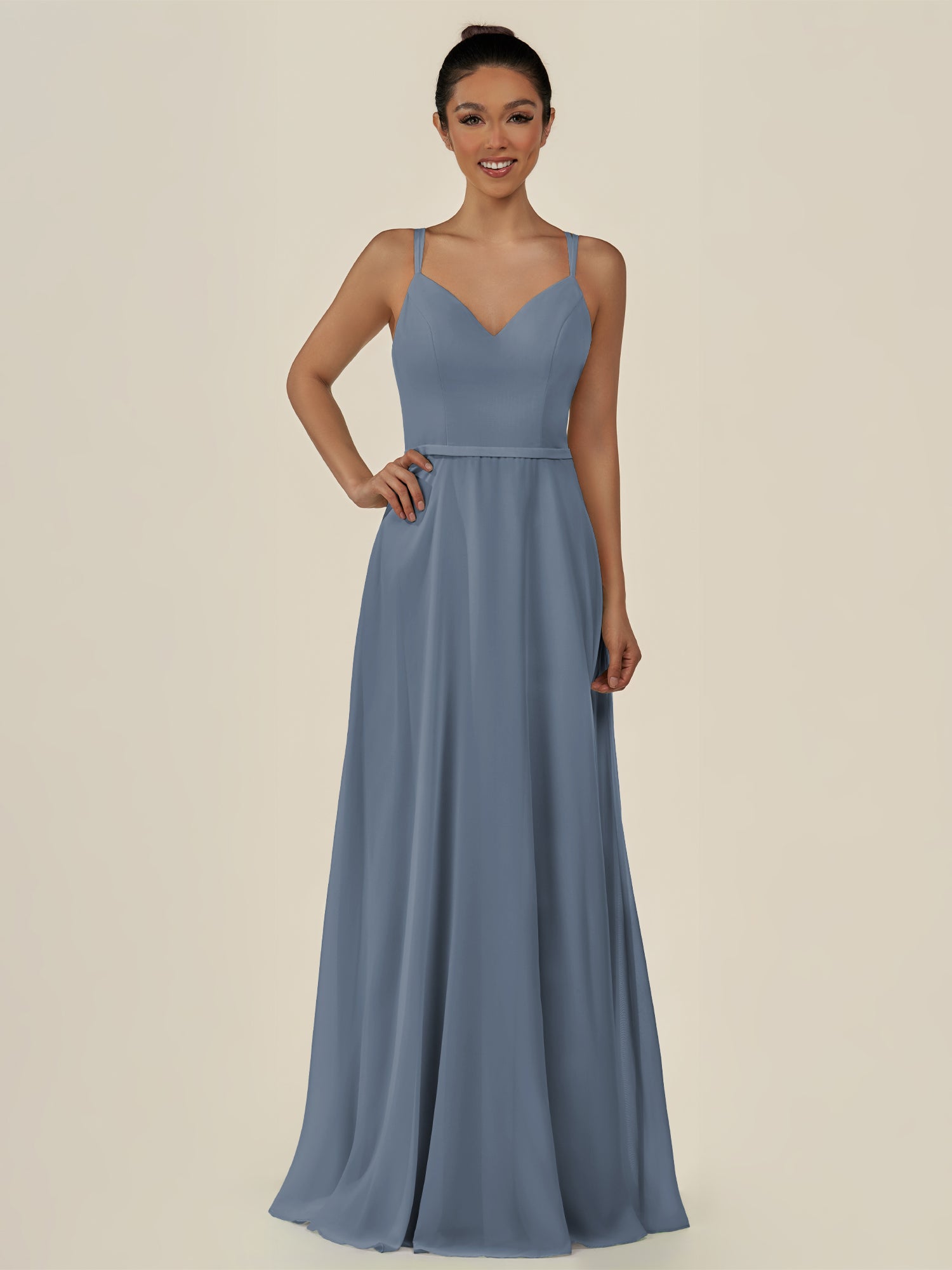 KissDress-Lurne Neptune A Line Chiffon V Neck Long Bridesmaid Dress with Cinched Waistline