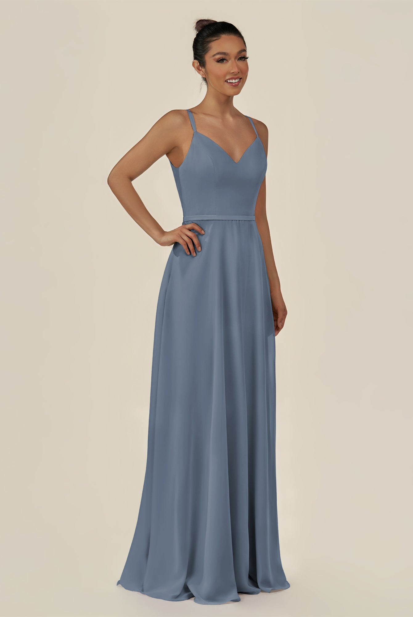 KissDress-Lurne Neptune A Line Chiffon V Neck Long Bridesmaid Dress with Cinched Waistline