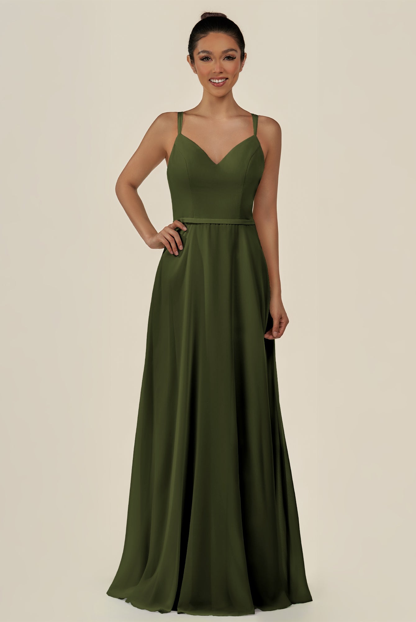 KissDress-Lurne Olive A Line Chiffon V Neck Long Bridesmaid Dress with Cinched Waistline