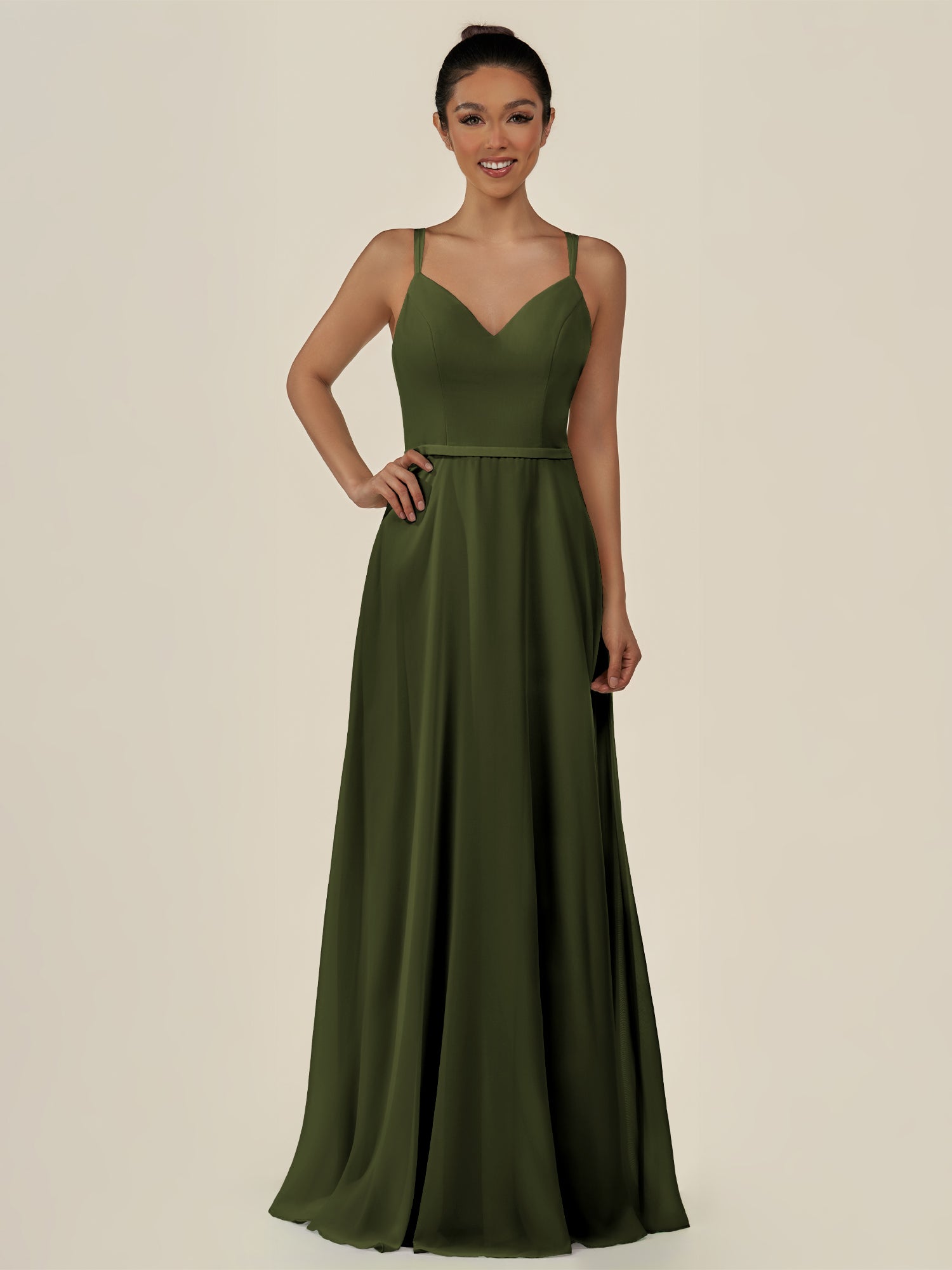 KissDress-Lurne Olive A Line Chiffon V Neck Long Bridesmaid Dress with Cinched Waistline