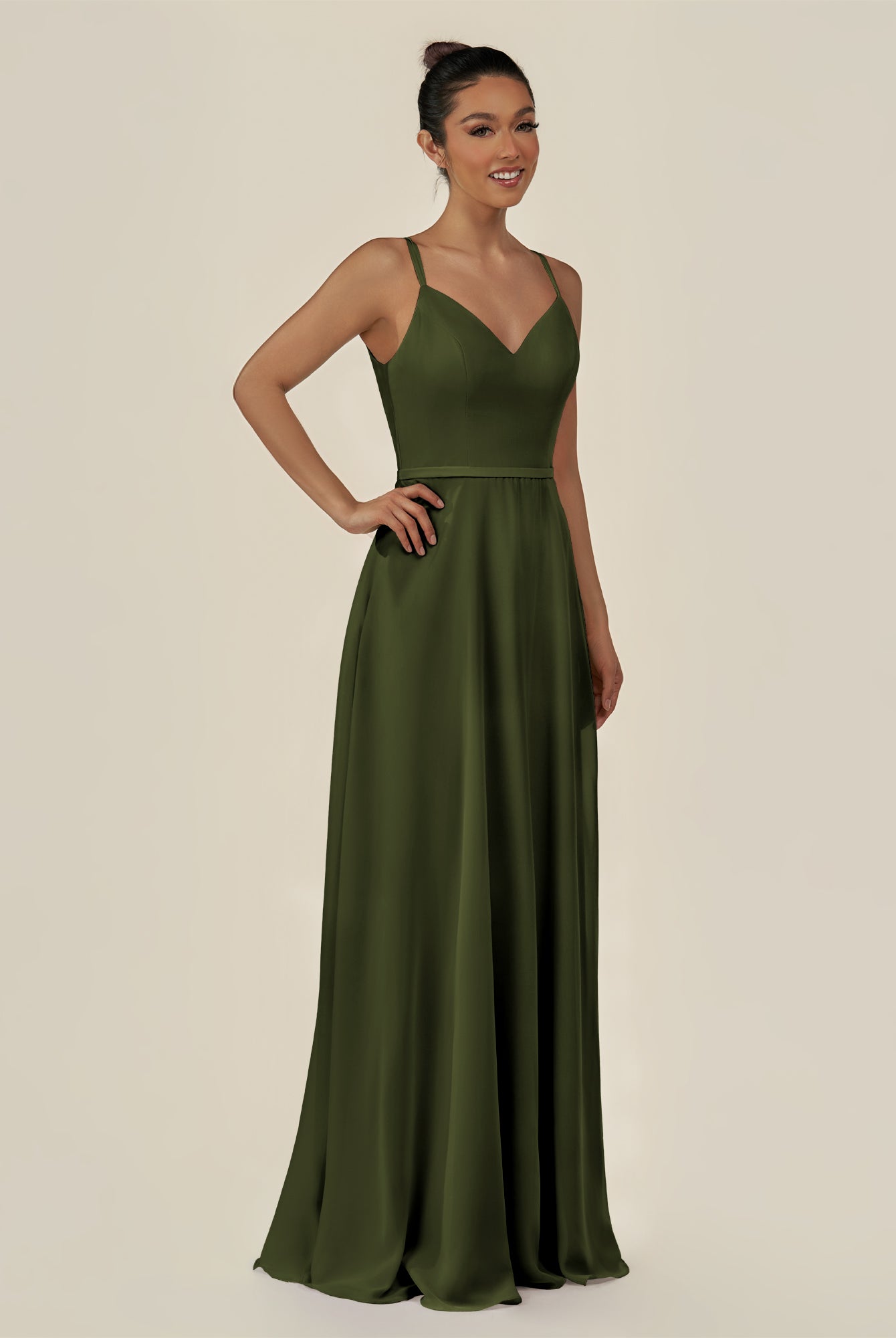 KissDress-Lurne Olive A Line Chiffon V Neck Long Bridesmaid Dress with Cinched Waistline