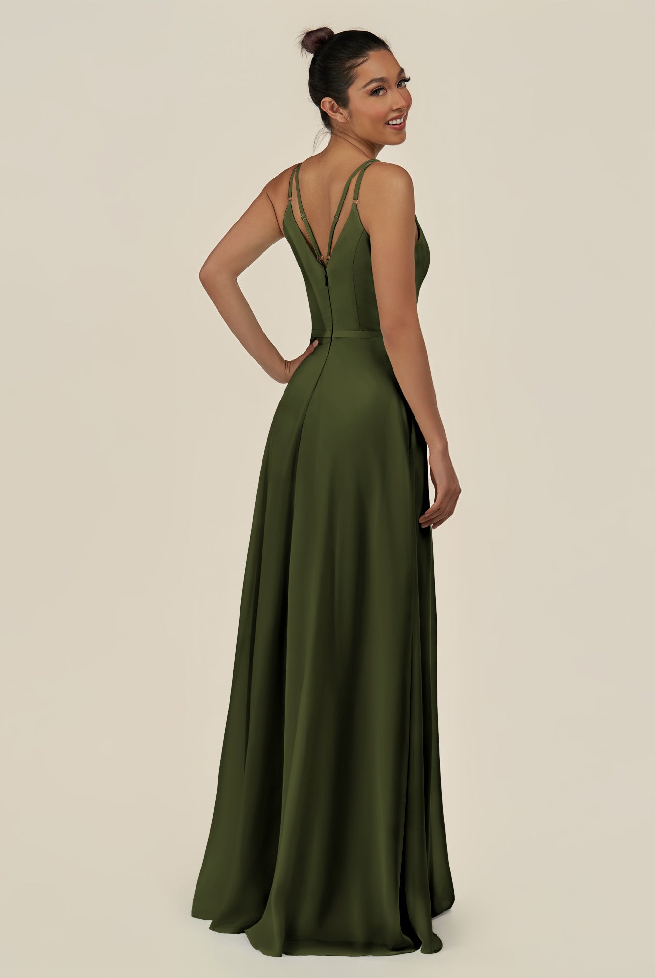 KissDress-Lurne Olive A Line Chiffon V Neck Long Bridesmaid Dress with Cinched Waistline