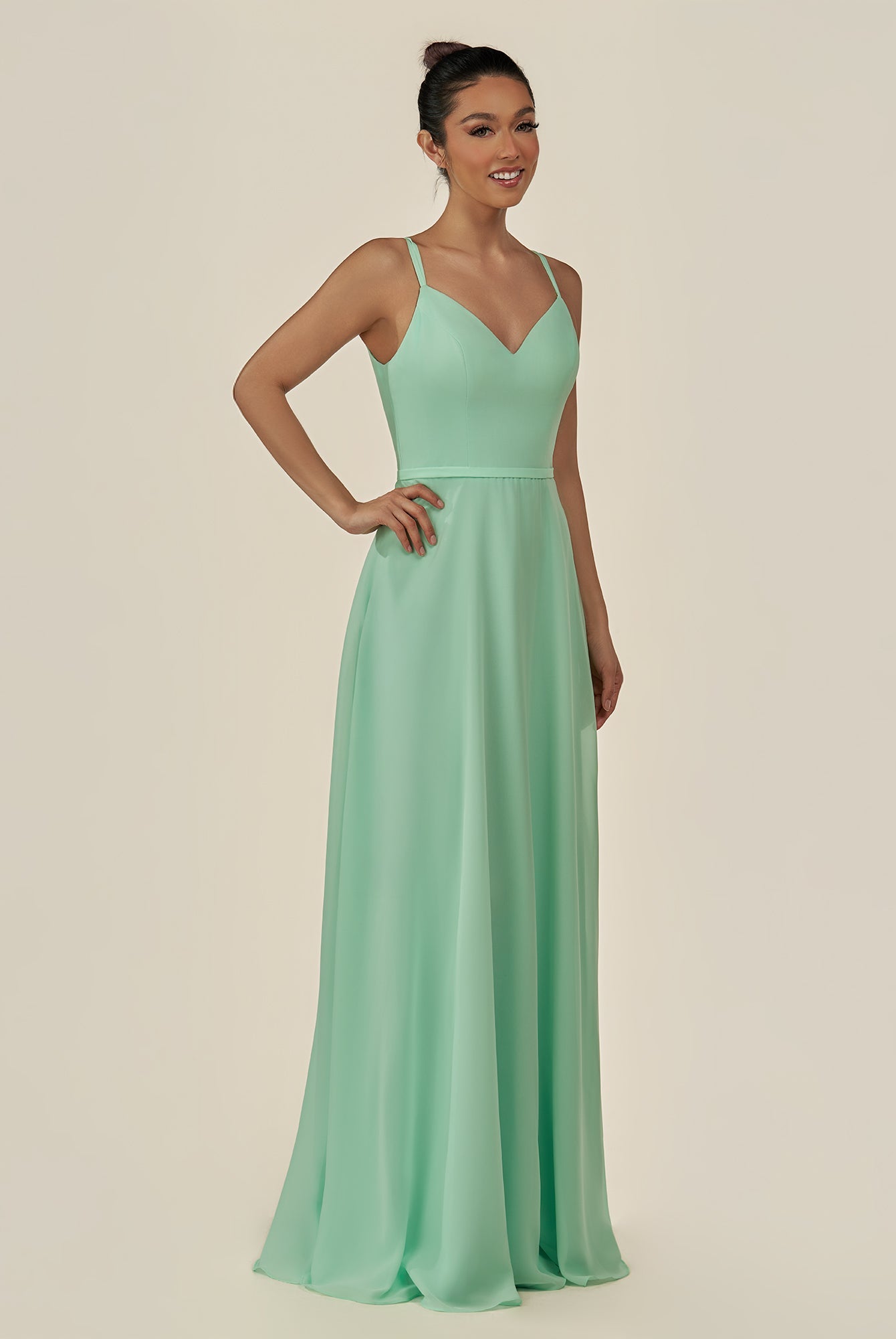 KissDress-Lurne Pale Pistachio A Line Chiffon V Neck Long Bridesmaid Dress with Cinched Waistline