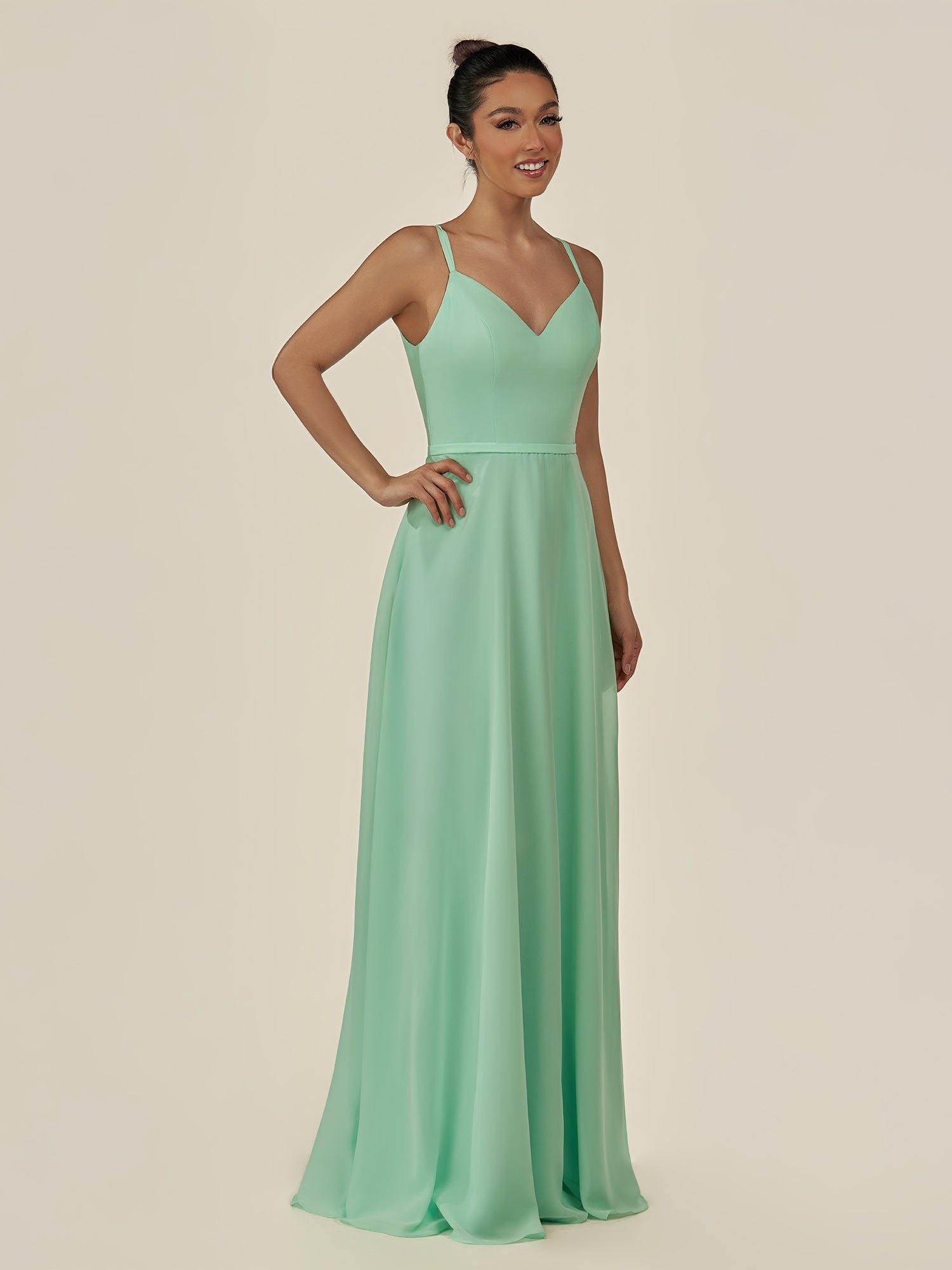 KissDress-Lurne Pale Pistachio A Line Chiffon V Neck Long Bridesmaid Dress with Cinched Waistline