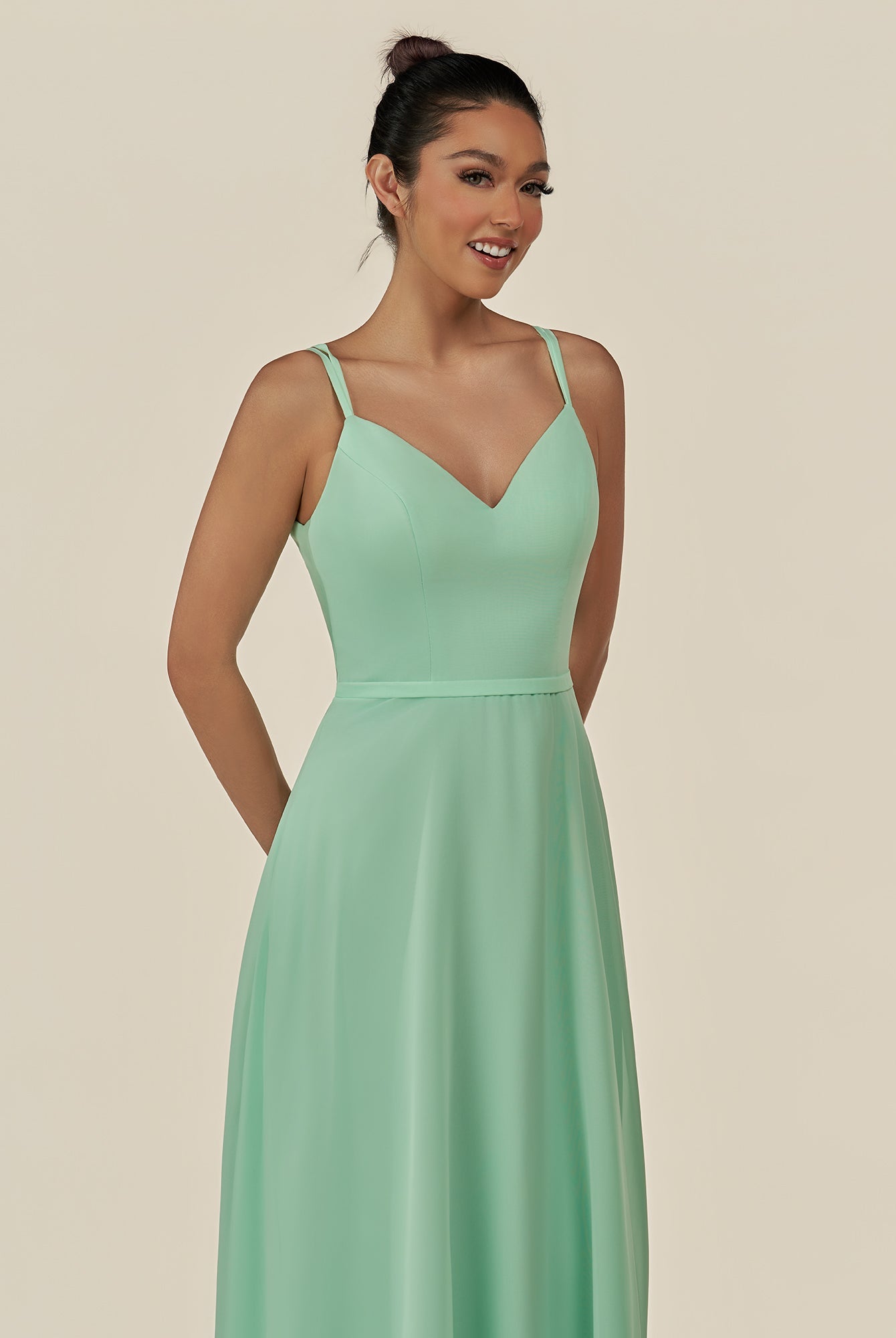 KissDress-Lurne Pale Pistachio A Line Chiffon V Neck Long Bridesmaid Dress with Cinched Waistline